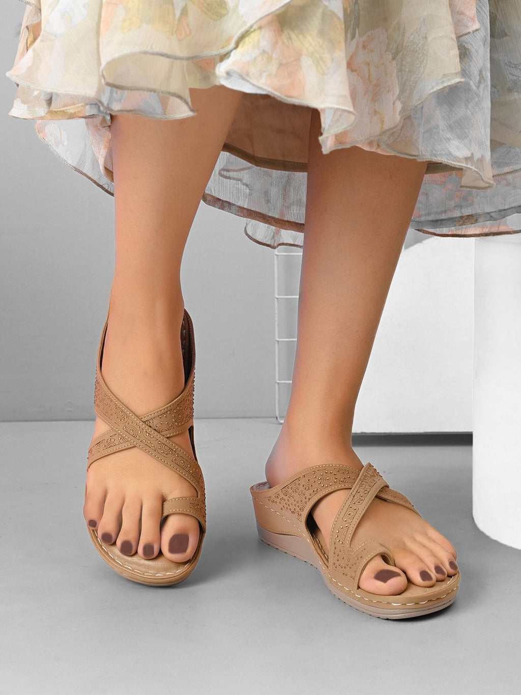 Soft & Supportive Engraved Cross Strap Wedge Slippers