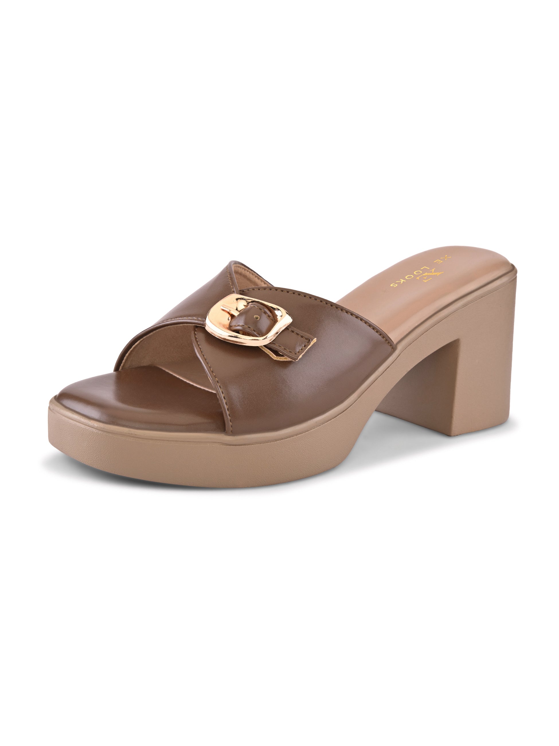 Glossy Buckle Accent Slip-On Block Heel Sandals