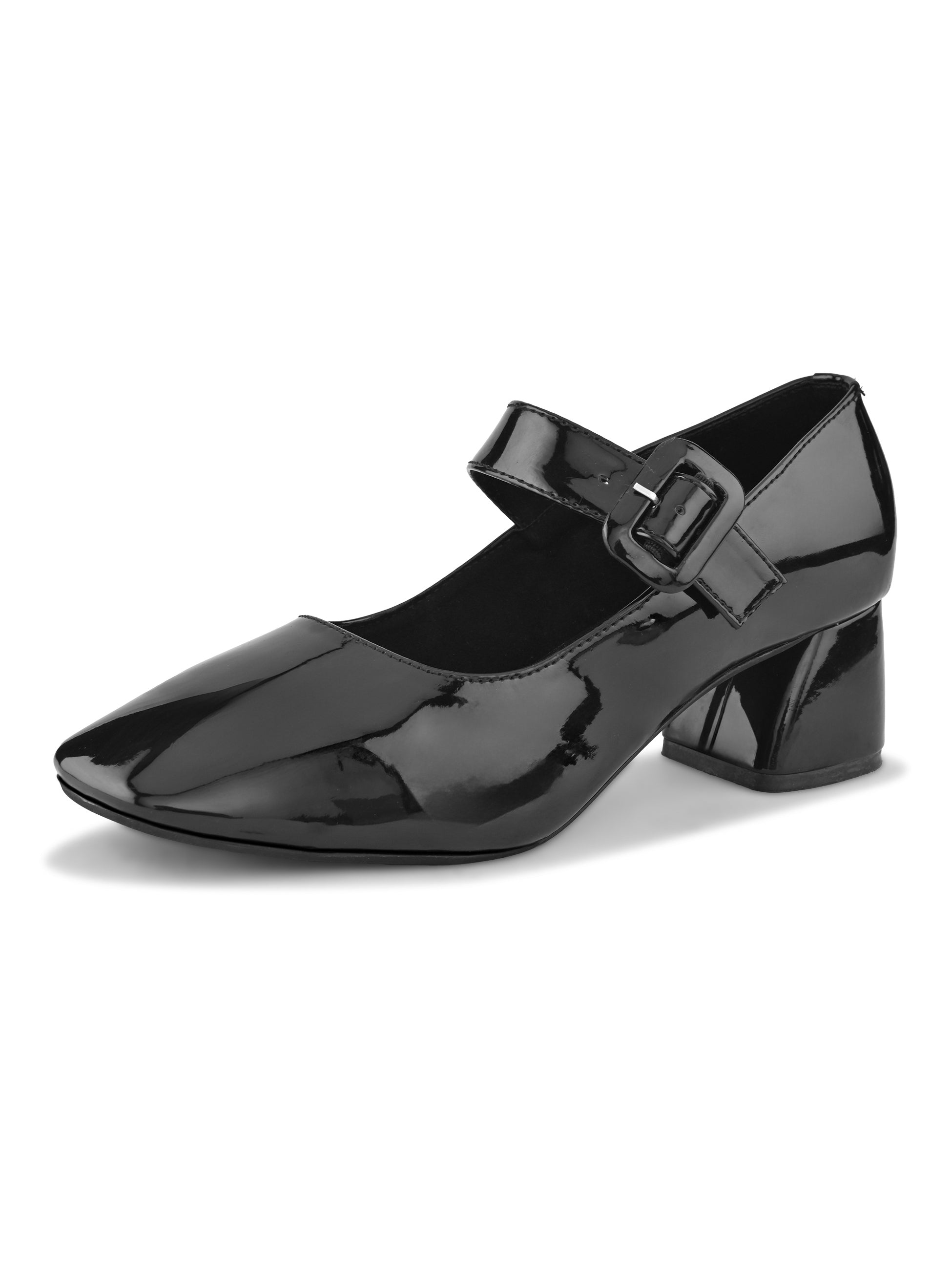 Glossy Patent-Finish Buckle Strap Block Heel Closed Toe Pumps