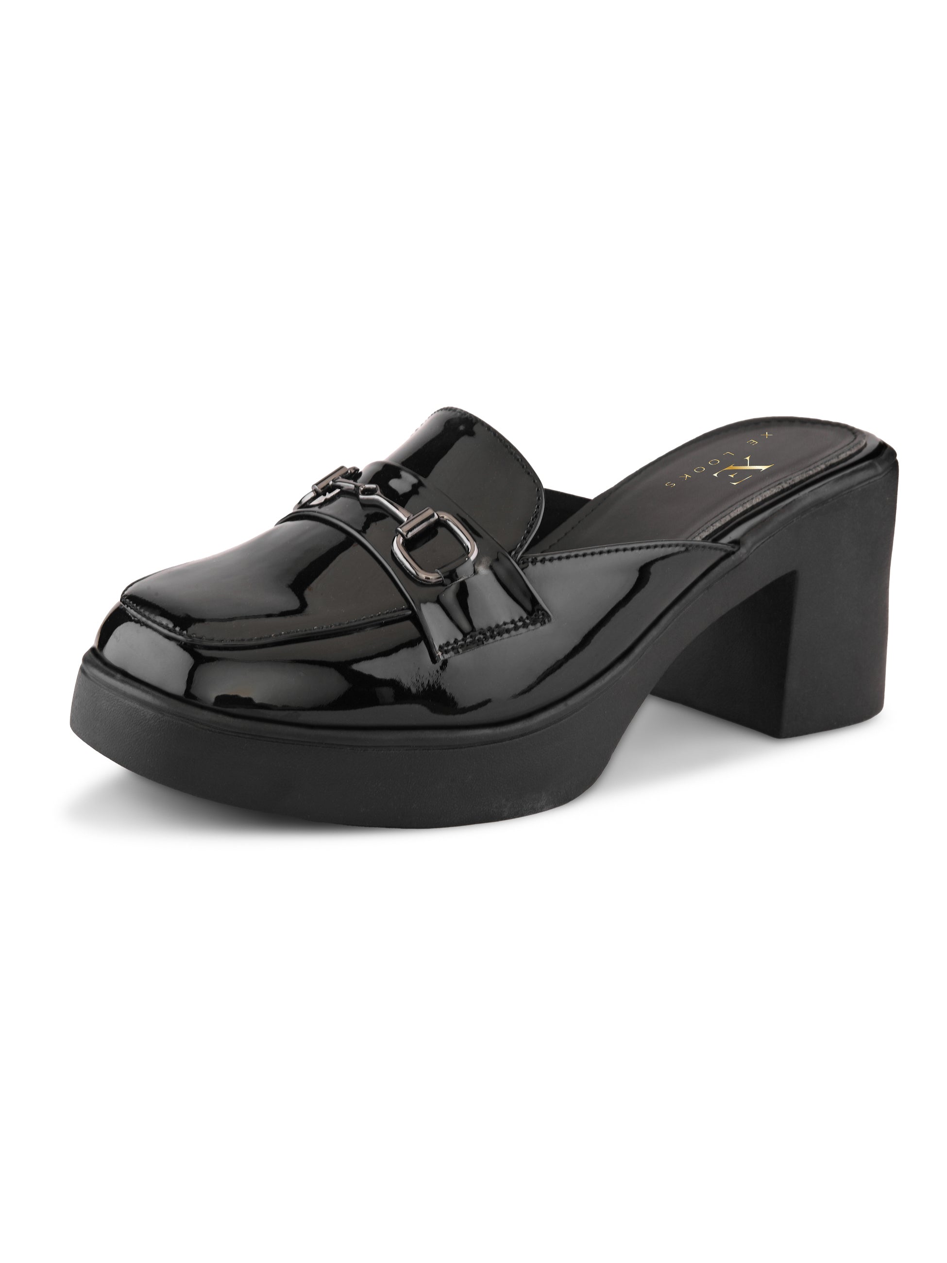 Elegant Patent Mule Loafers with Metal Chain Detail