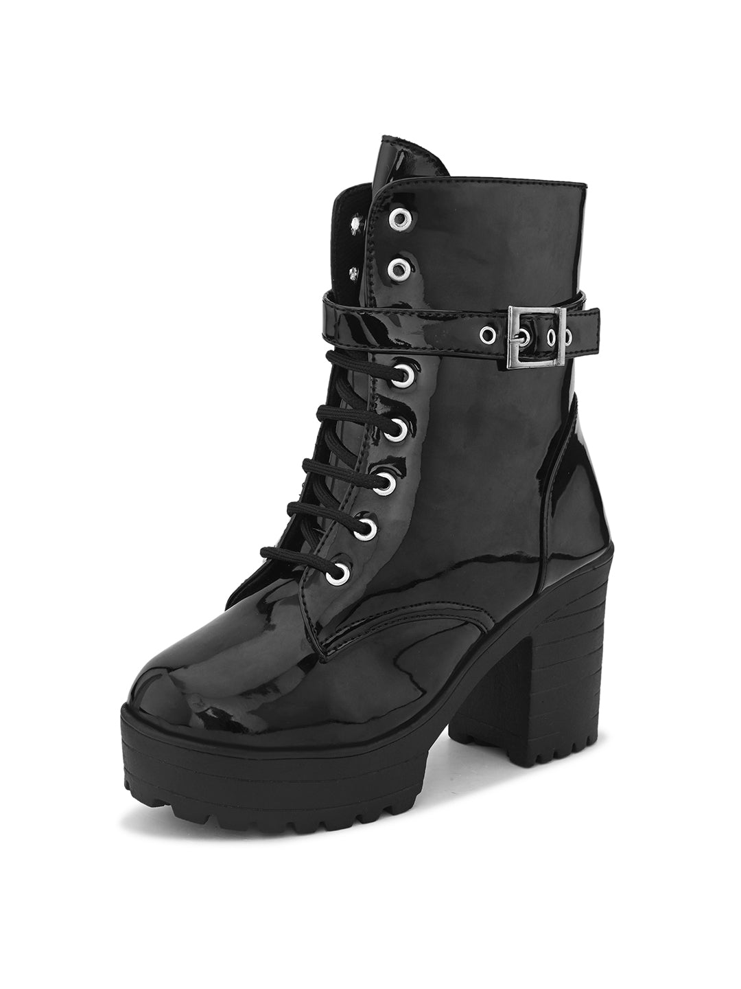 Comfortable zipper black block heel boots