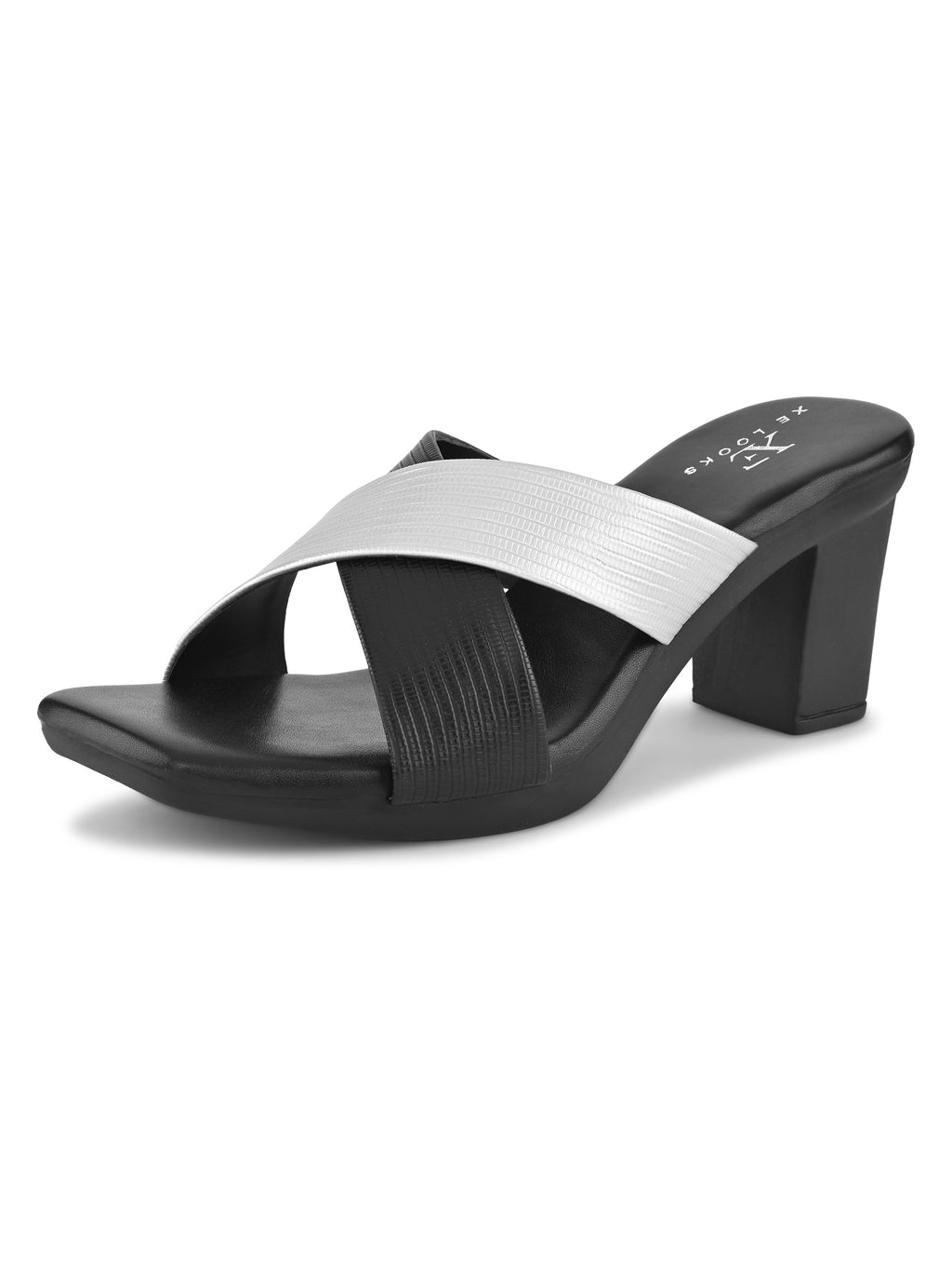 TEXTURED CROSS-STRAP SQUARE TOE BLOCK HEEL MULES