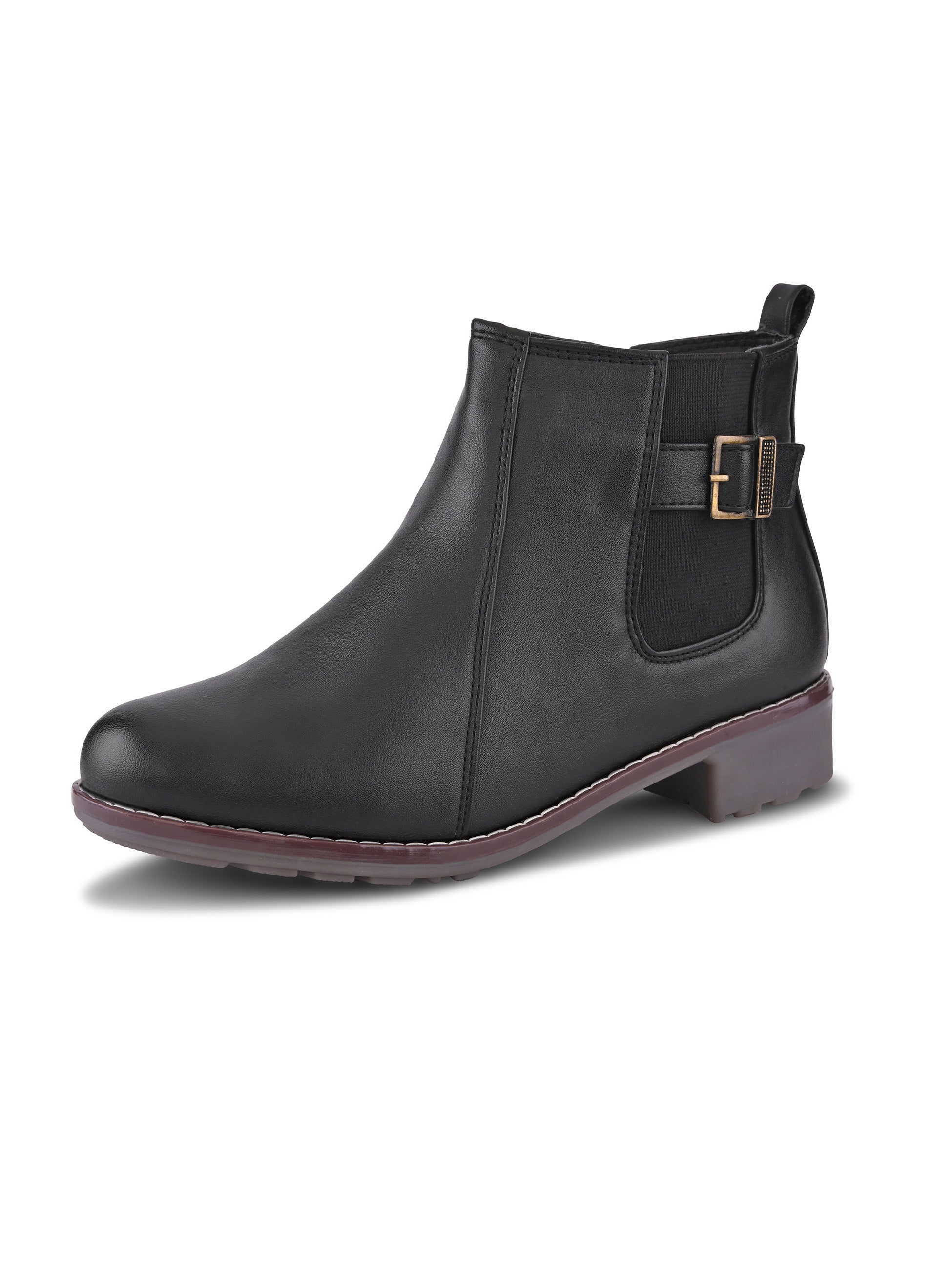 Buckle Accent Side Elastic Low Block Heel Ankle Boots