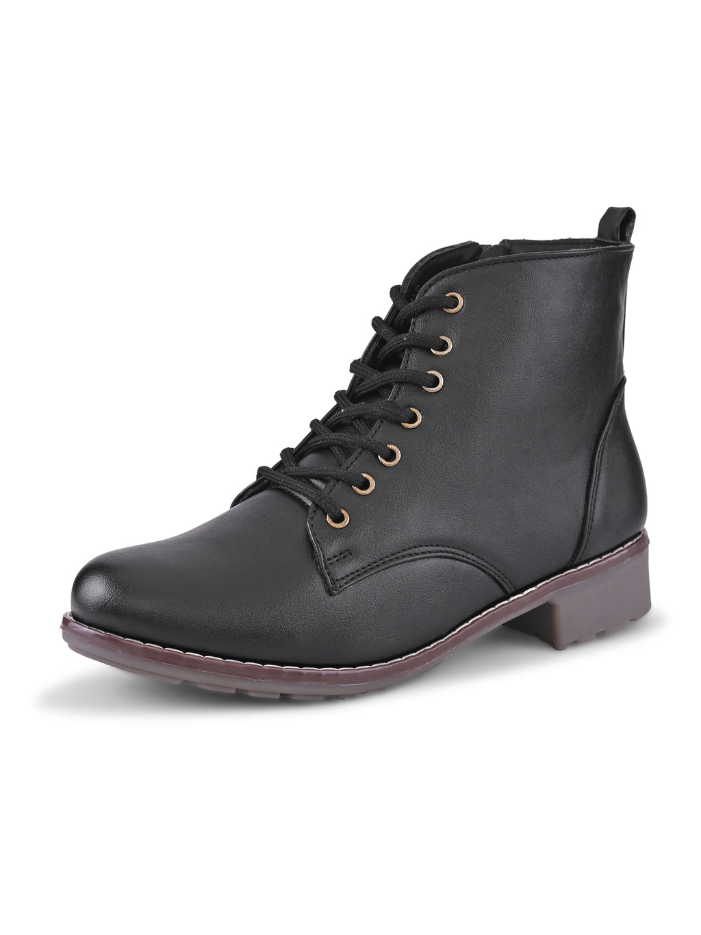 Lace Up Side Zip Cushioned Low Block Heel Ankle Boots