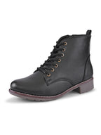 Lace Up Side Zip Cushioned Low Block Heel Ankle Boots