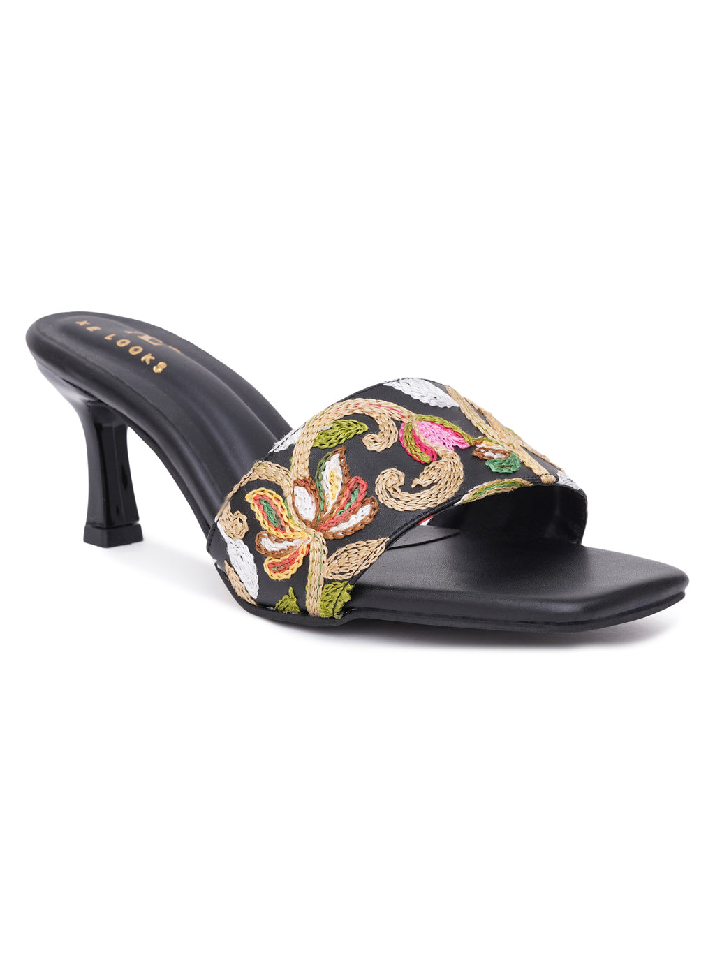 Embroidered Strap Comfort Heel Sandals