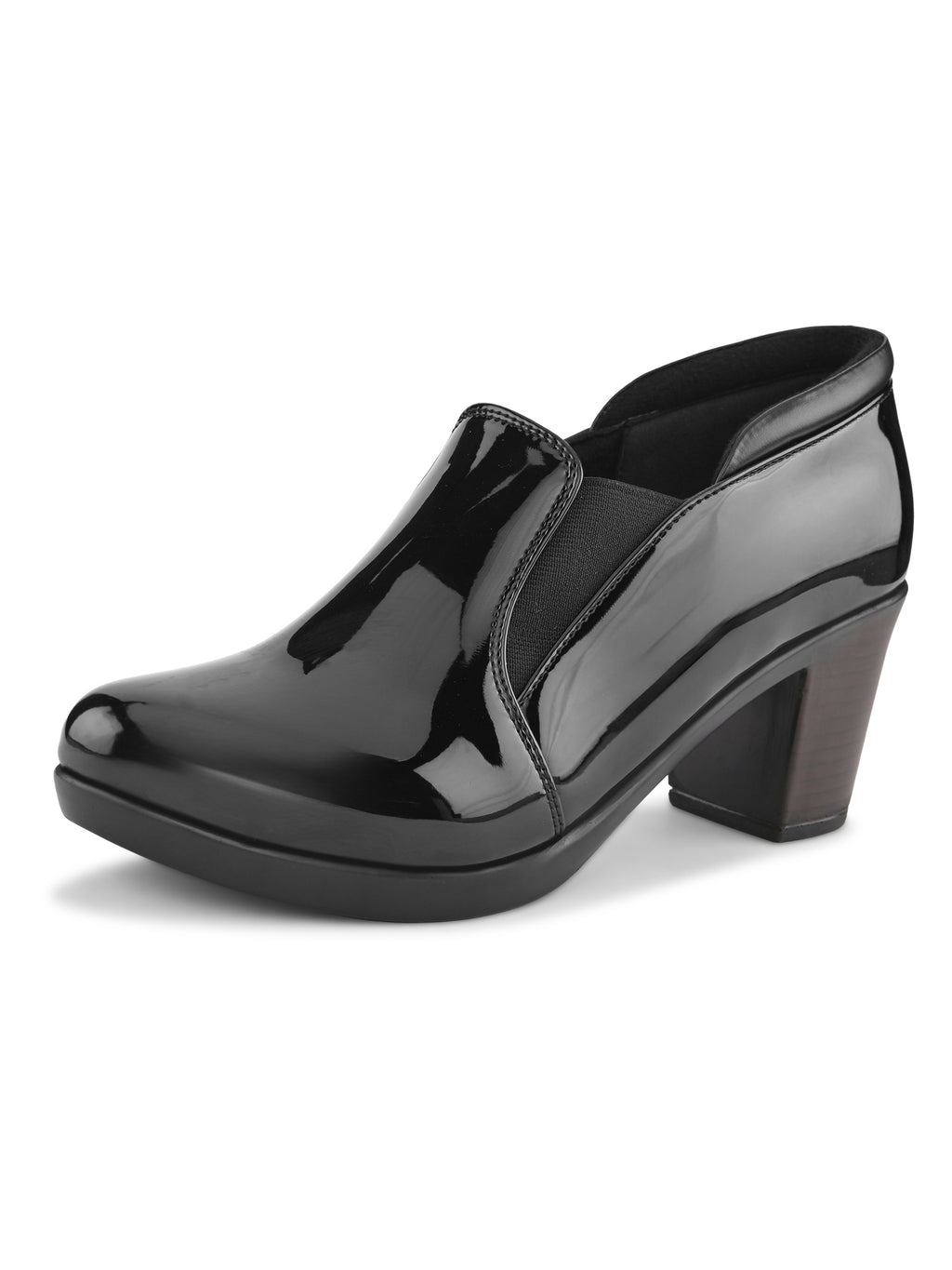 GLOSSY FINISH SLIP-ON BLOCK HEEL LOAFERS