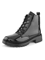 Glossy Lace-Up Side Zip Chunky Sole Ankle Boots