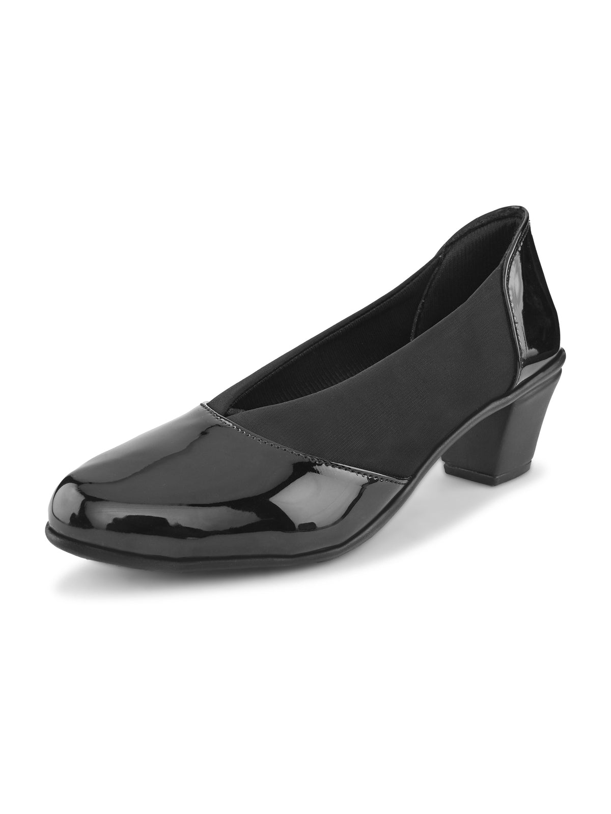 Glossy Almond Toe Stretch Panel Slip-On Pumps