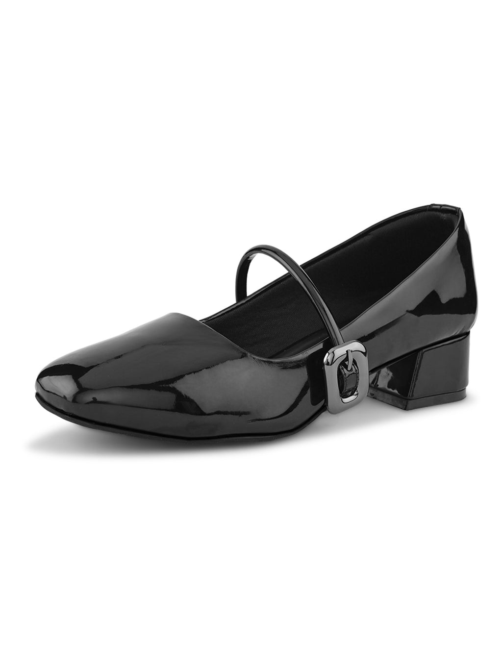 Glossy Strap Detail Cushioned Block Heel Mary Jane Pumps