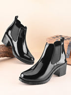 Glossy Elastic Panel Block Heel Chelsea Boots