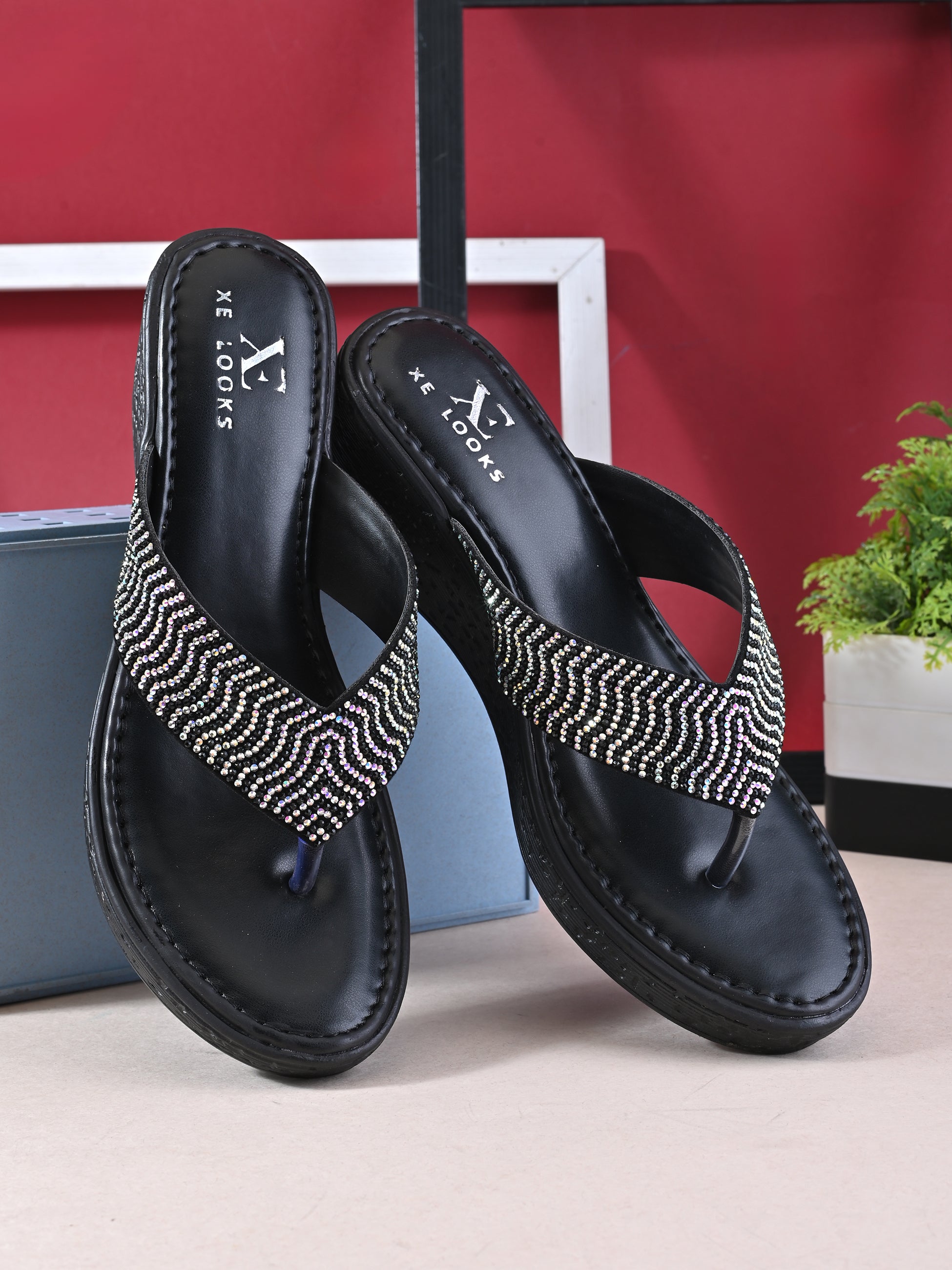 Wedge Thong Sandals Pleated Upper Strap with Subtle Rhinestone Embellishments
