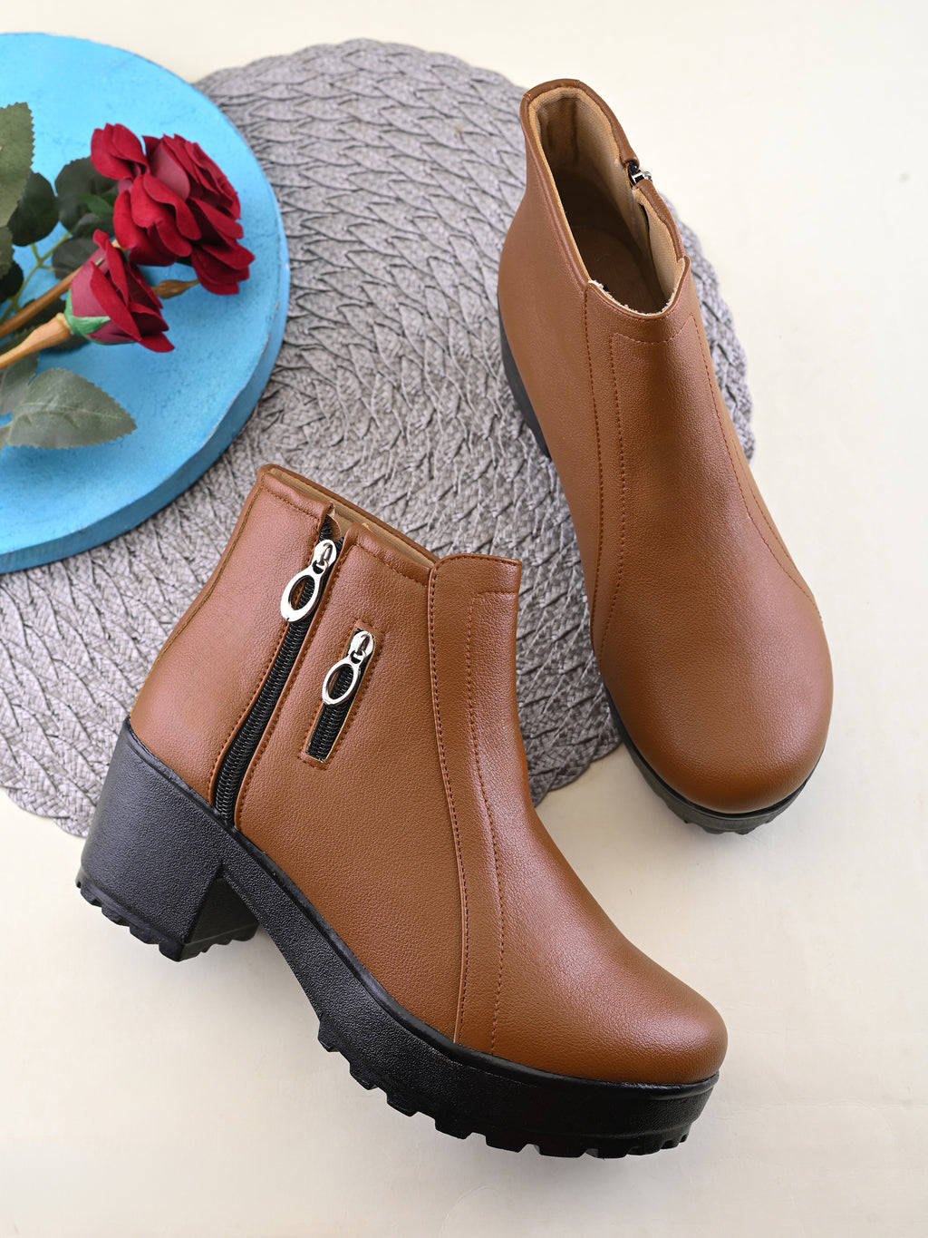 Dual-Zip Chunky Platform Block Heel Ankle Boots