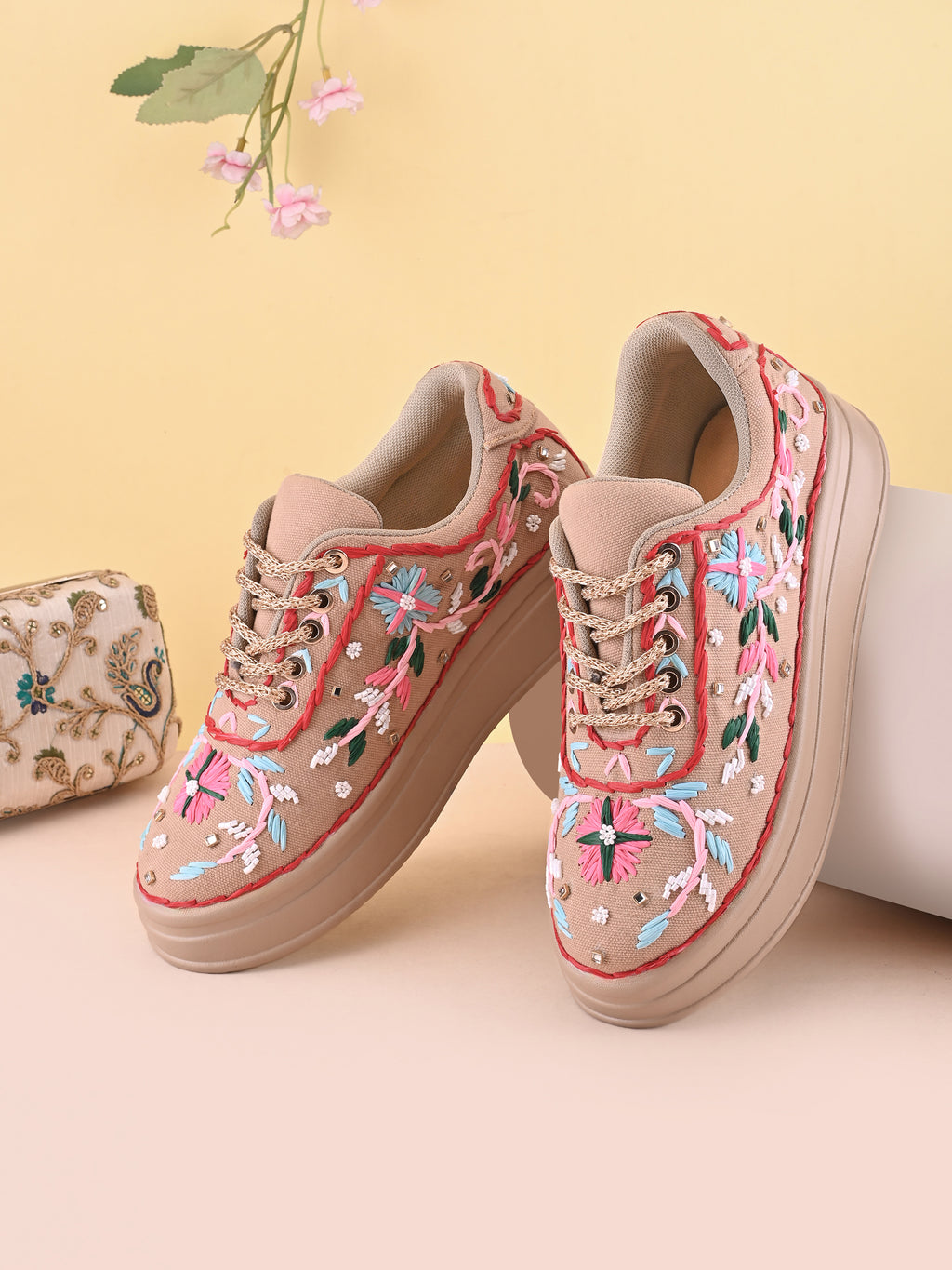 Embroidered Floral Lace-Up Platform Sneakers