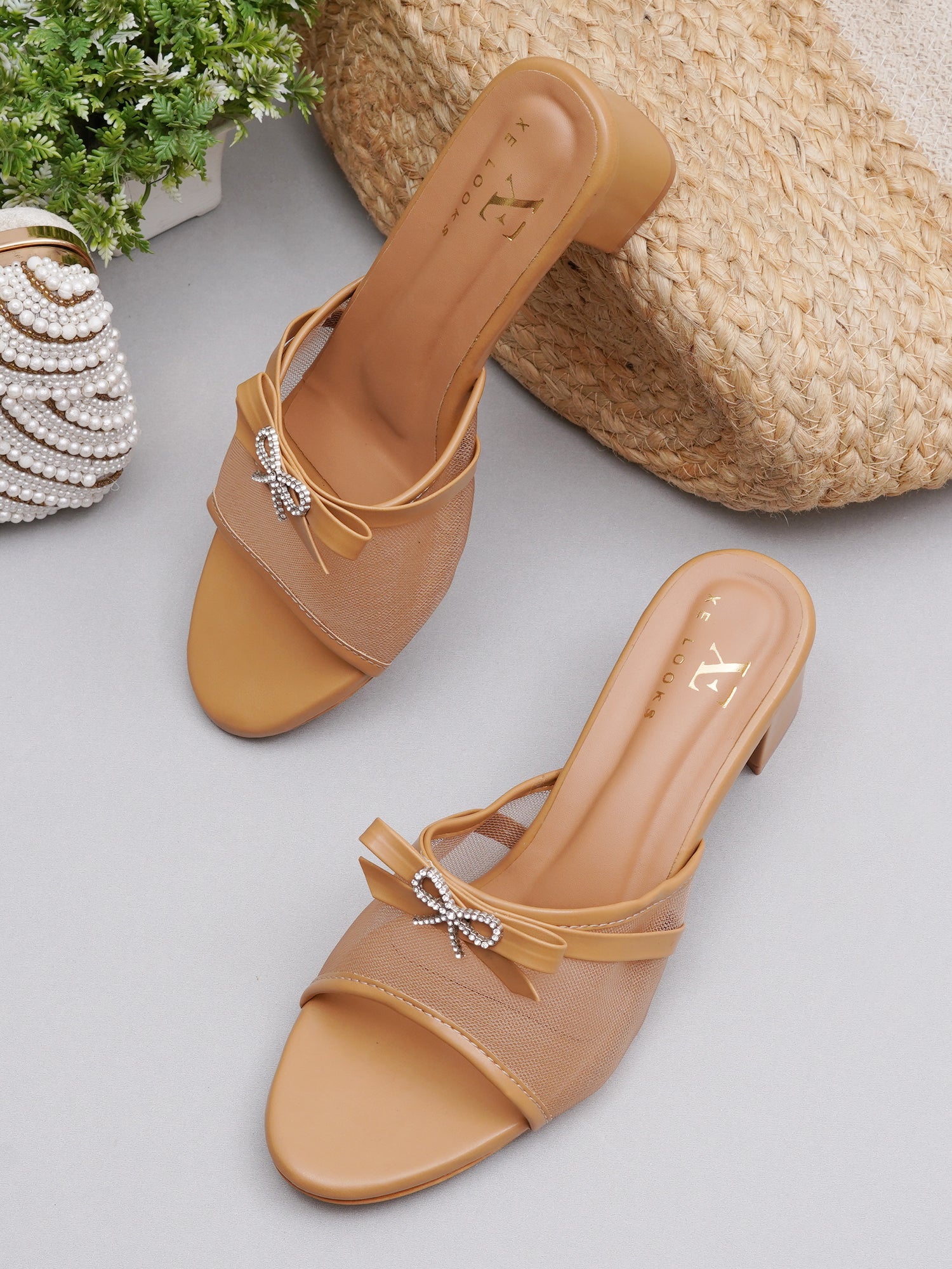 Rhinestone Bow Accent Comfort Heel Sandals