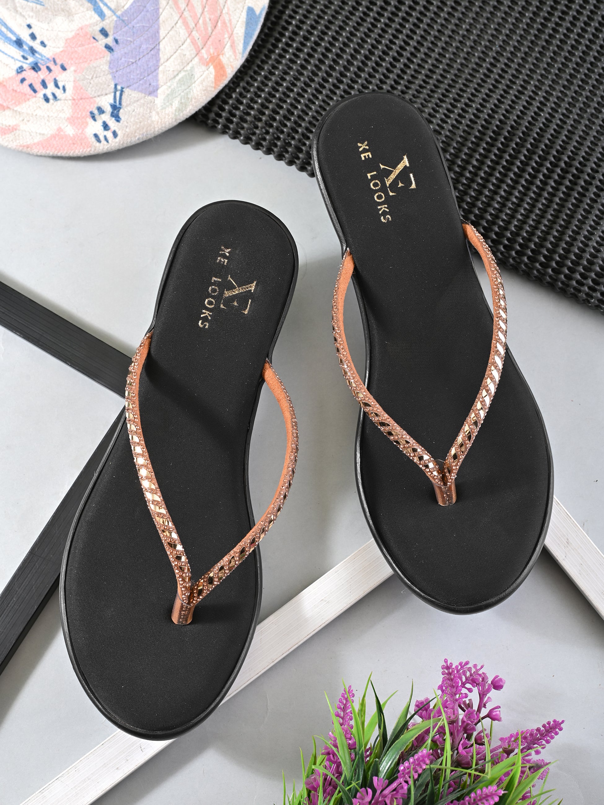 Wedge Thong Sandals Beaded Crisscross with Subtle Sparkle