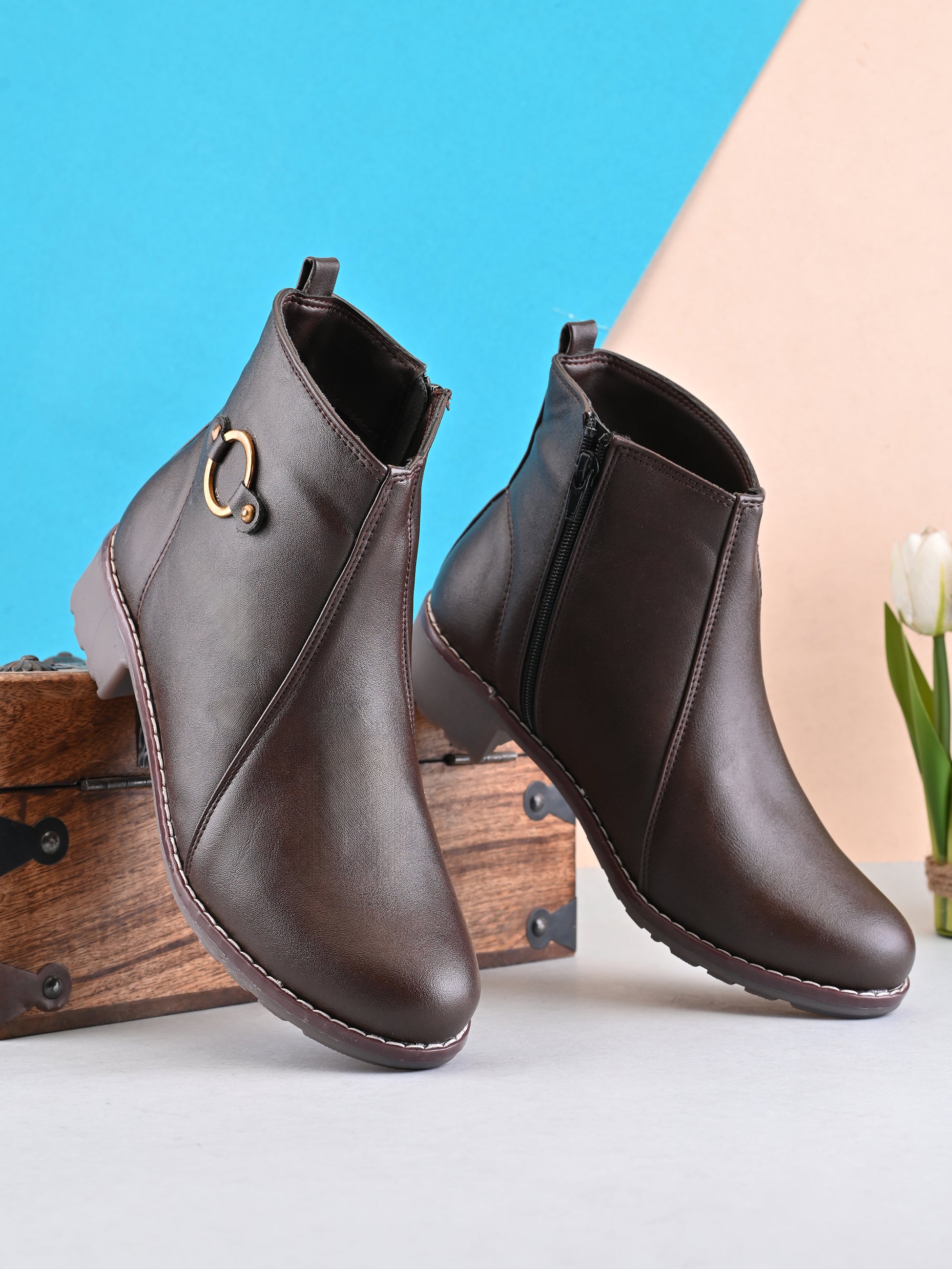 Side Zip Cushioned Low Block Heel Ankle Boots
