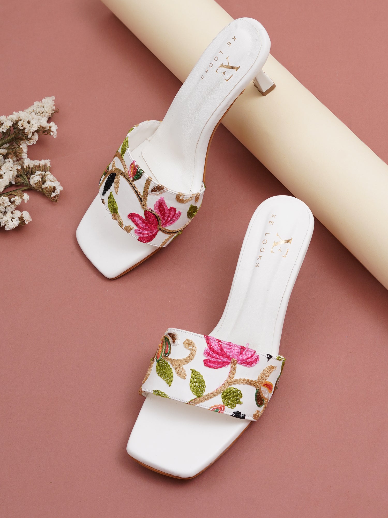 Embroidered Strap Comfort Heel Sandals