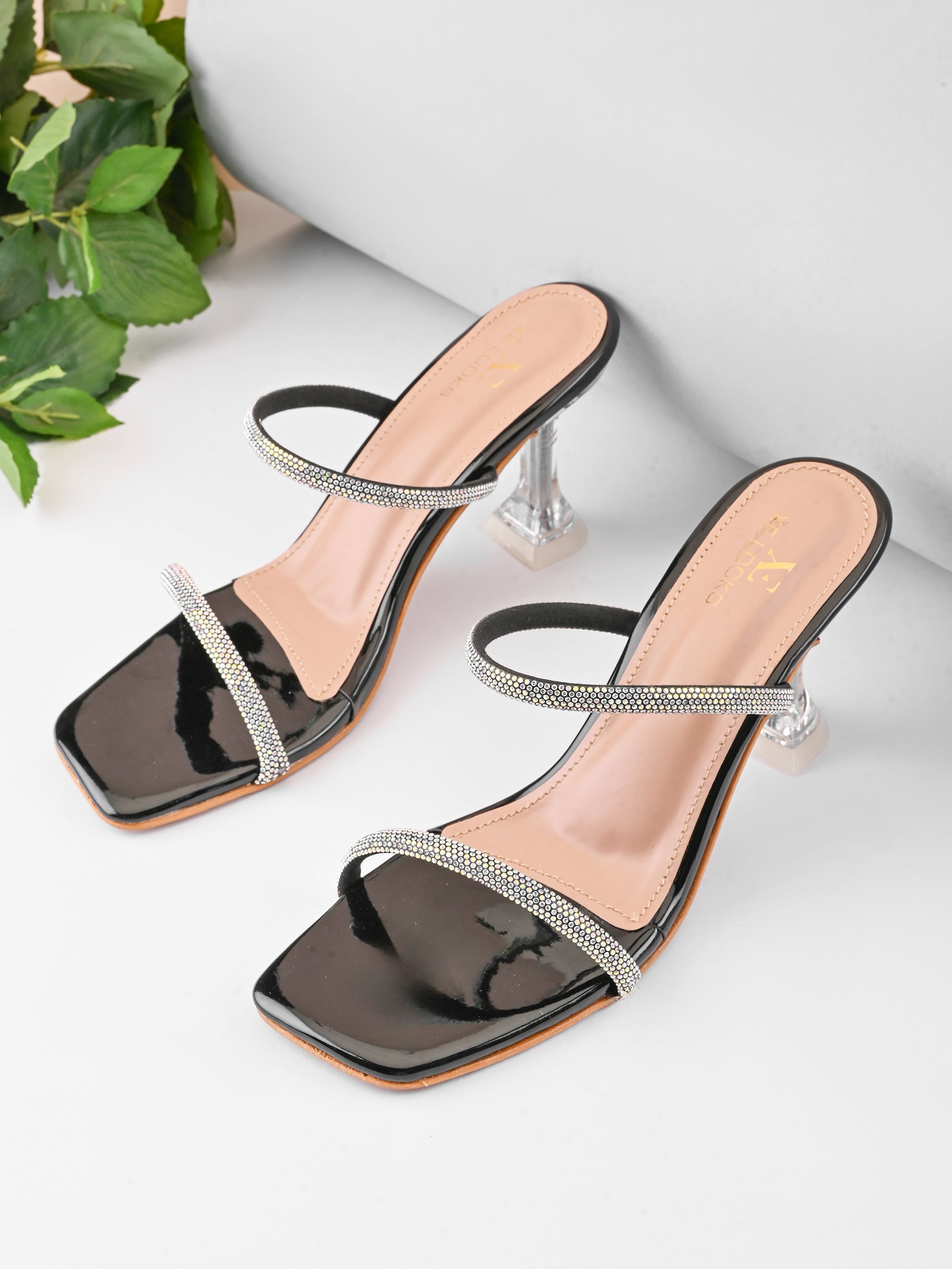 Rhinestone Double Strap Transparent Sculpted Heel Sandals