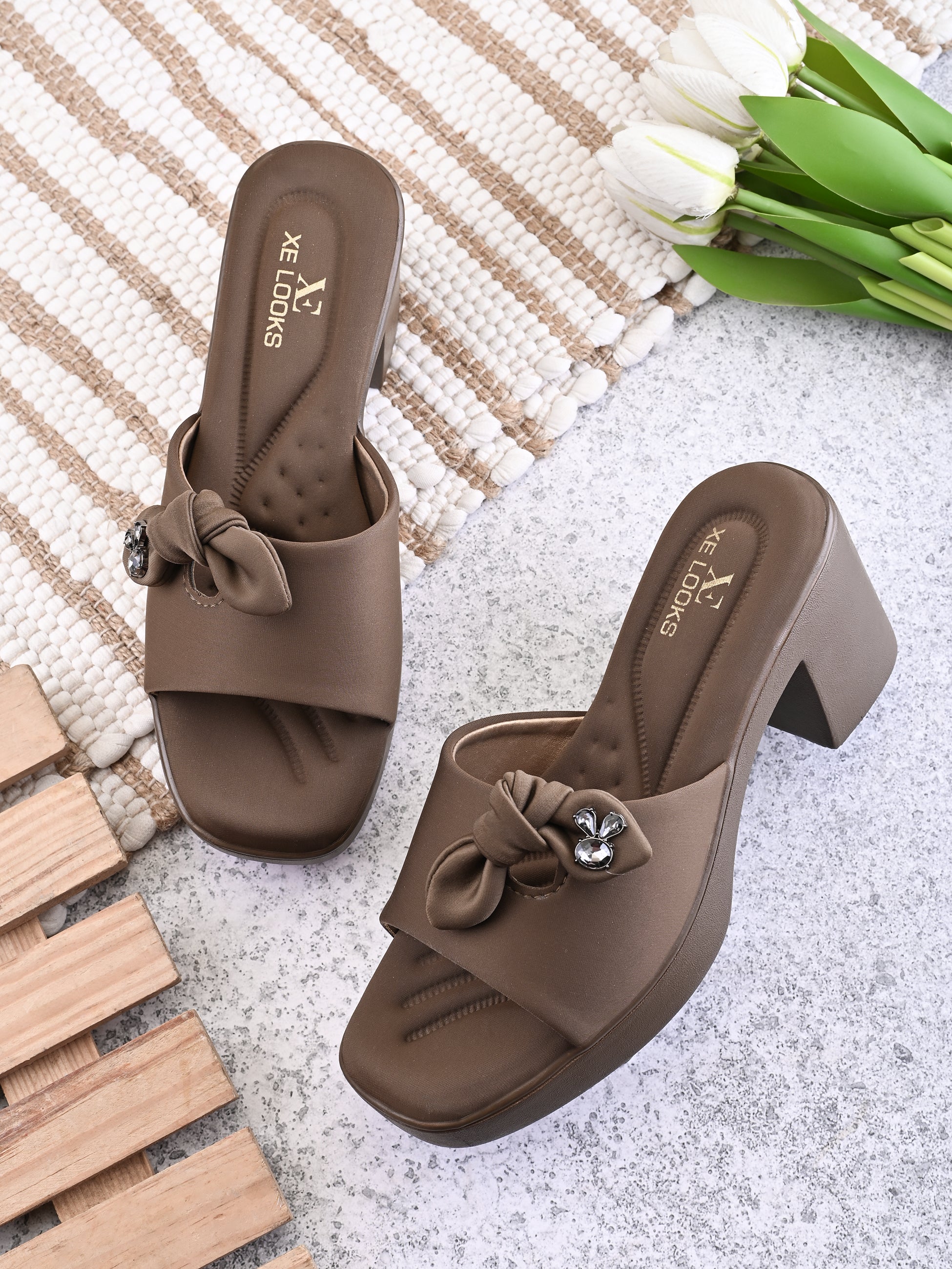 Bow Accent Cushioned Slip-On Block Heel Sandals