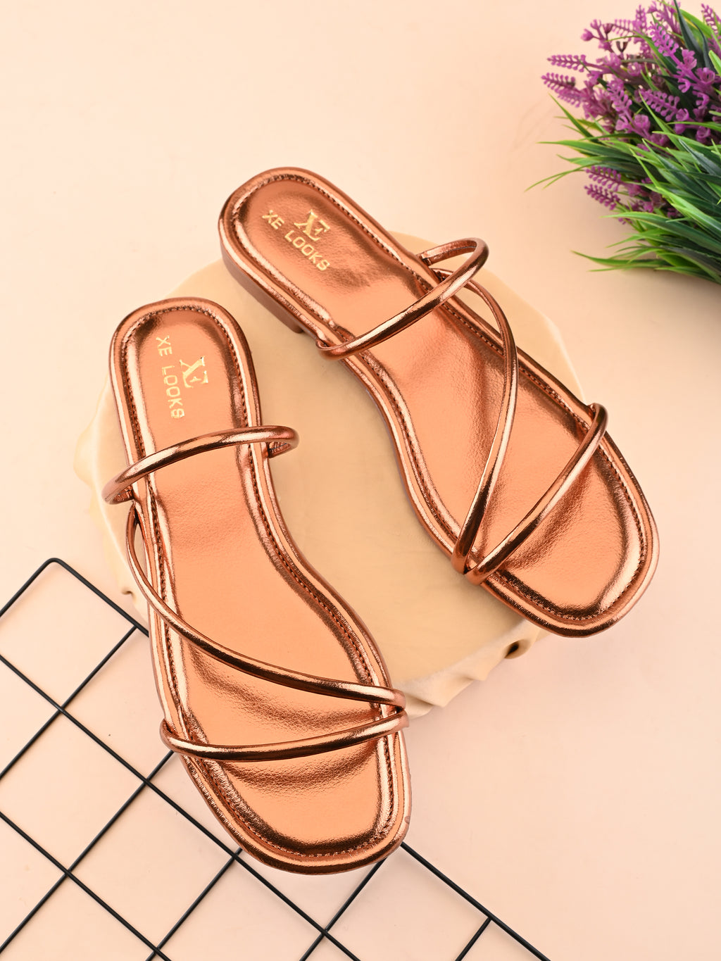METALLIC STRAPPY SQUARE TOE FLAT SANDALS