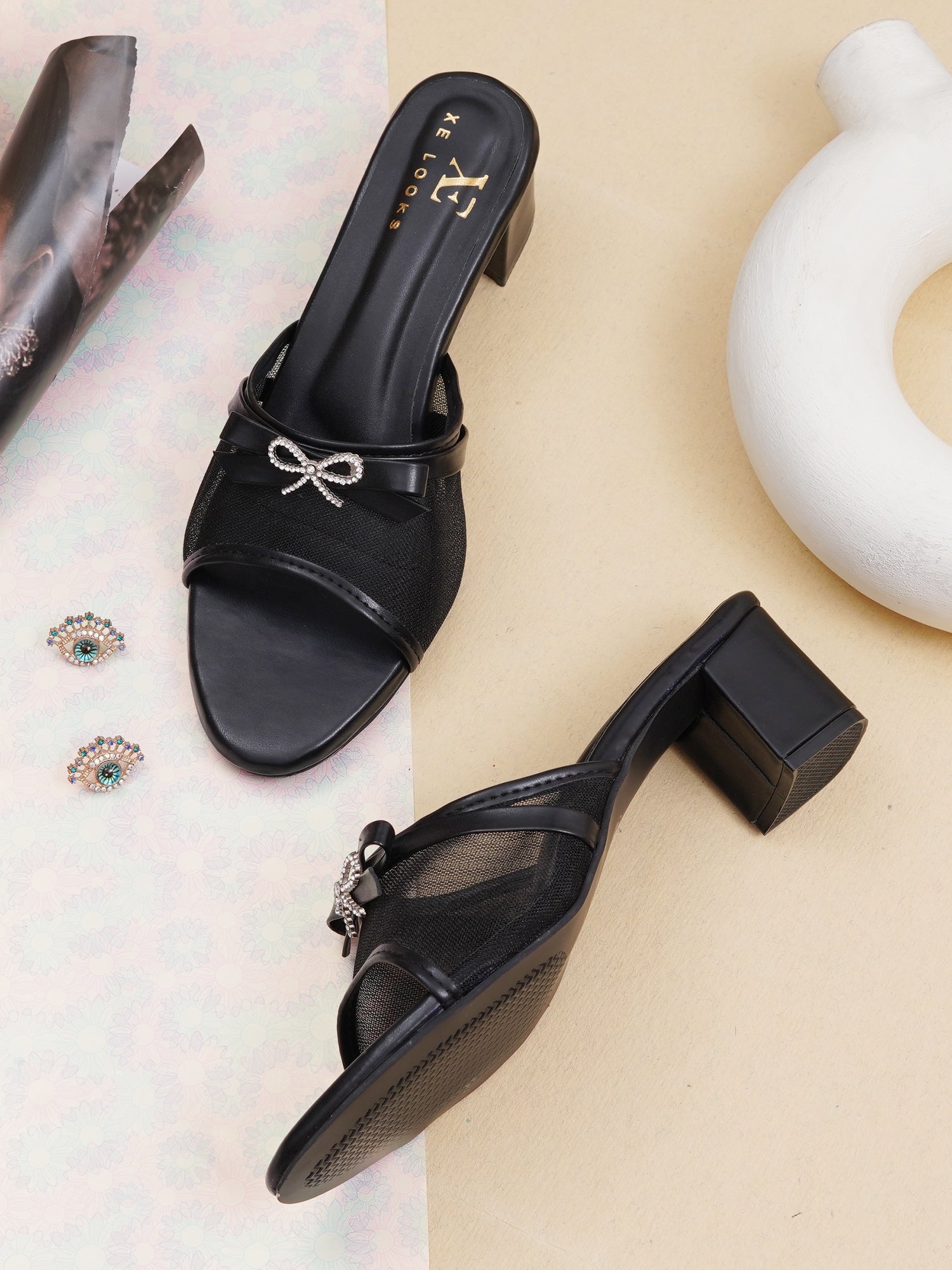 Rhinestone Bow Accent Comfort Heel Sandals