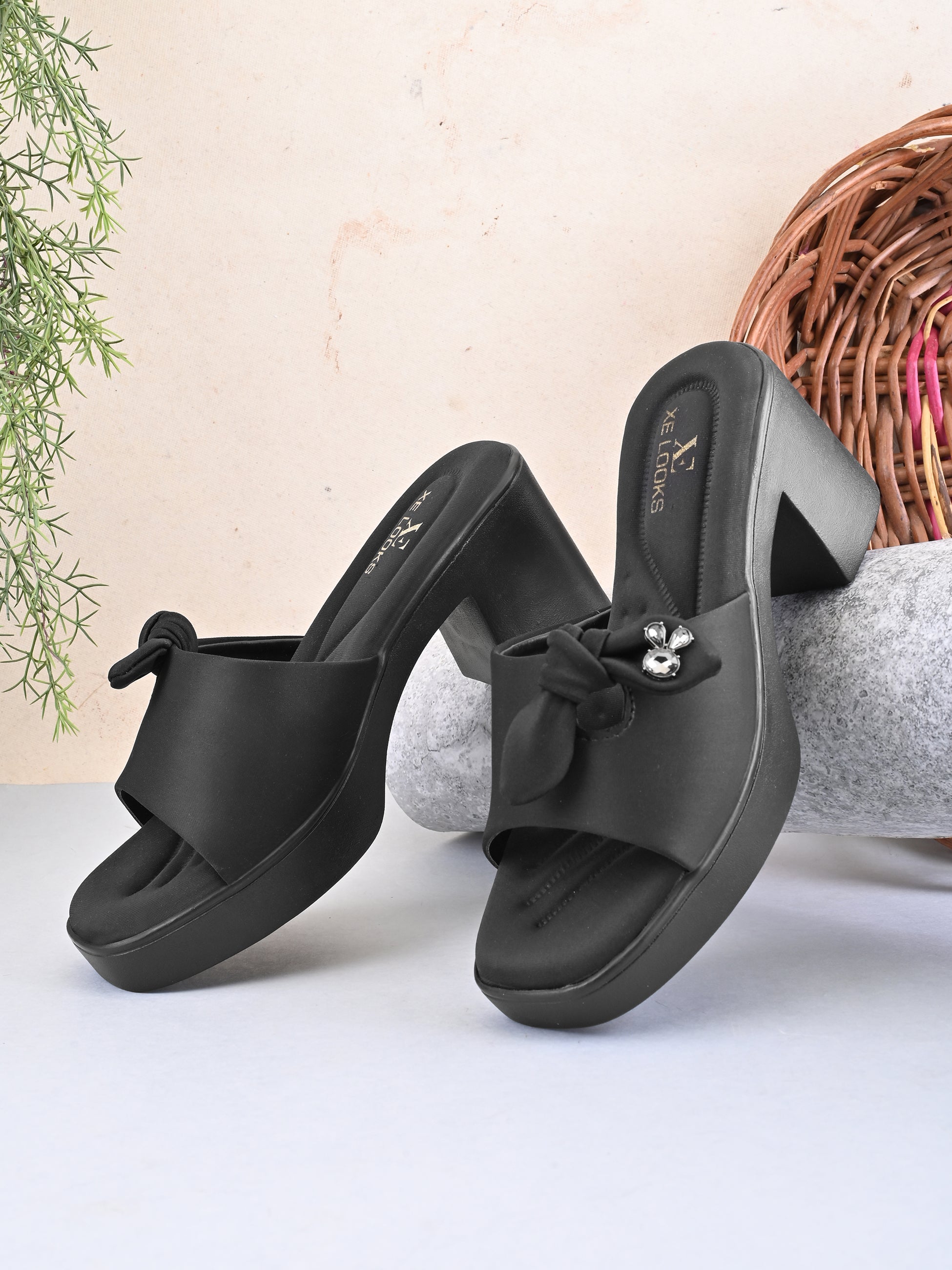 Bow Accent Cushioned Slip-On Block Heel Sandals