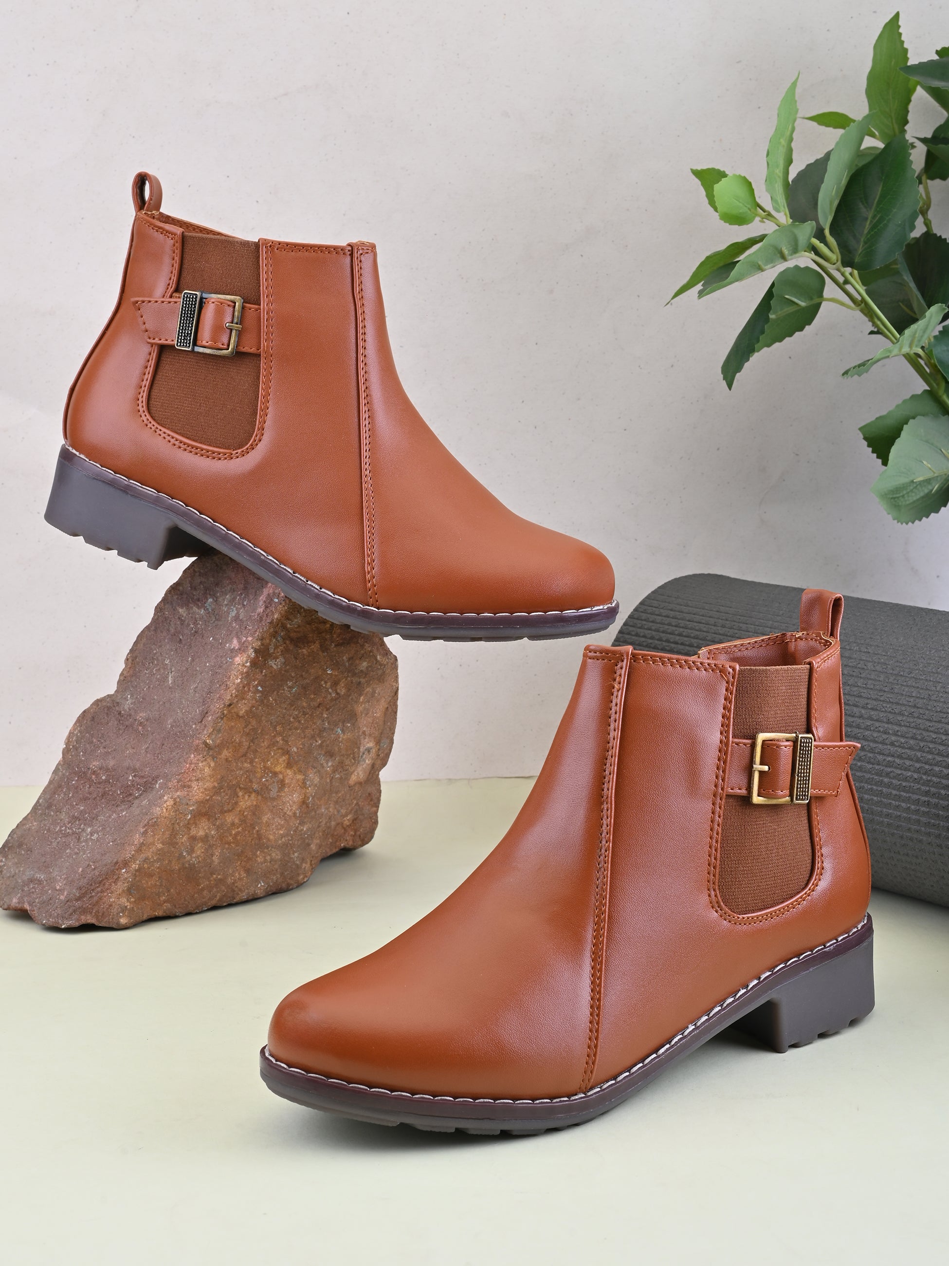 Buckle Accent Side Elastic Low Block Heel Ankle Boots