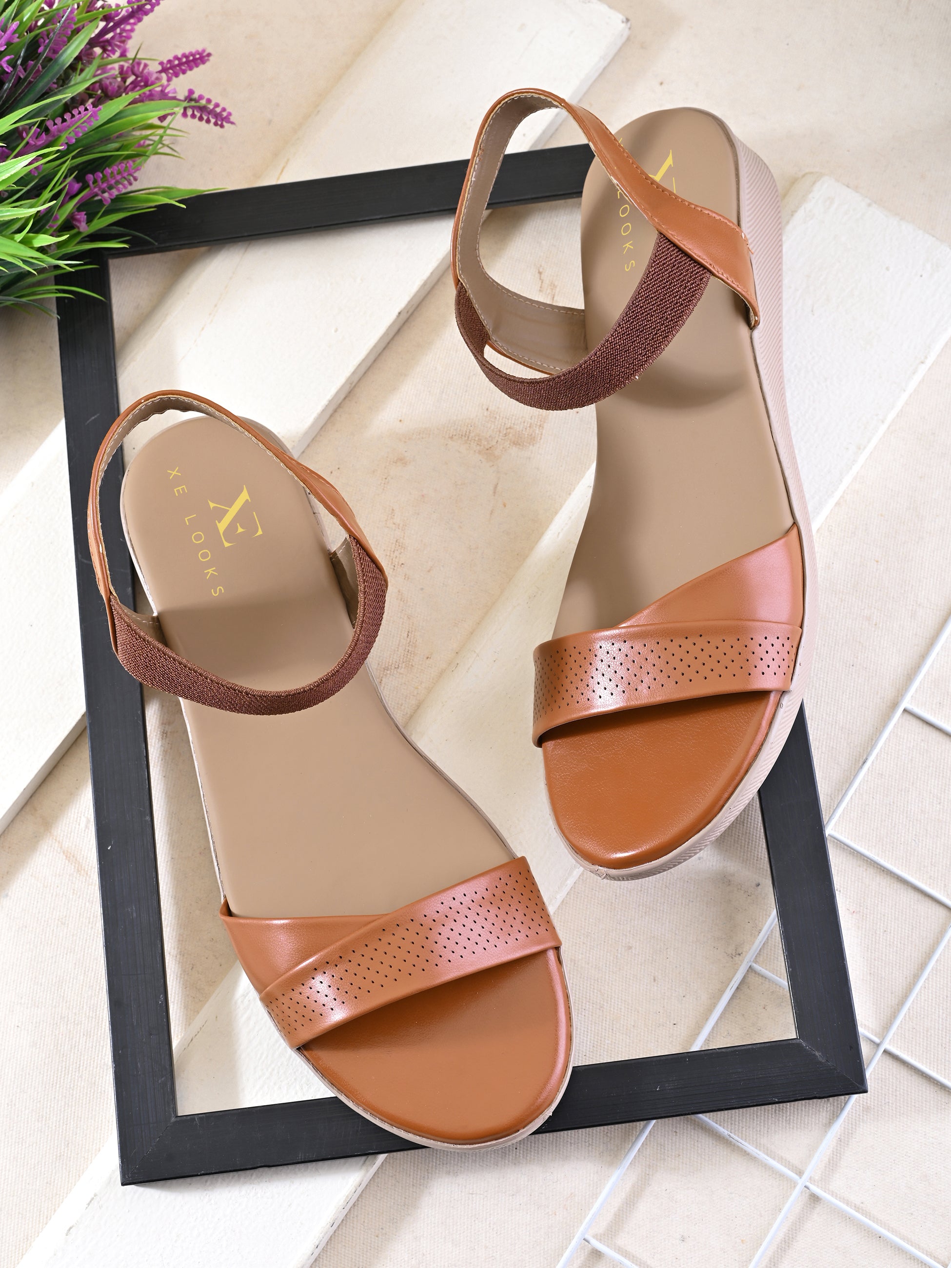 Perforated Front Strap Cushioned Slingback Flat Sandals