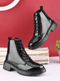 Glossy Lace-Up Side Zip Chunky Sole Ankle Boots