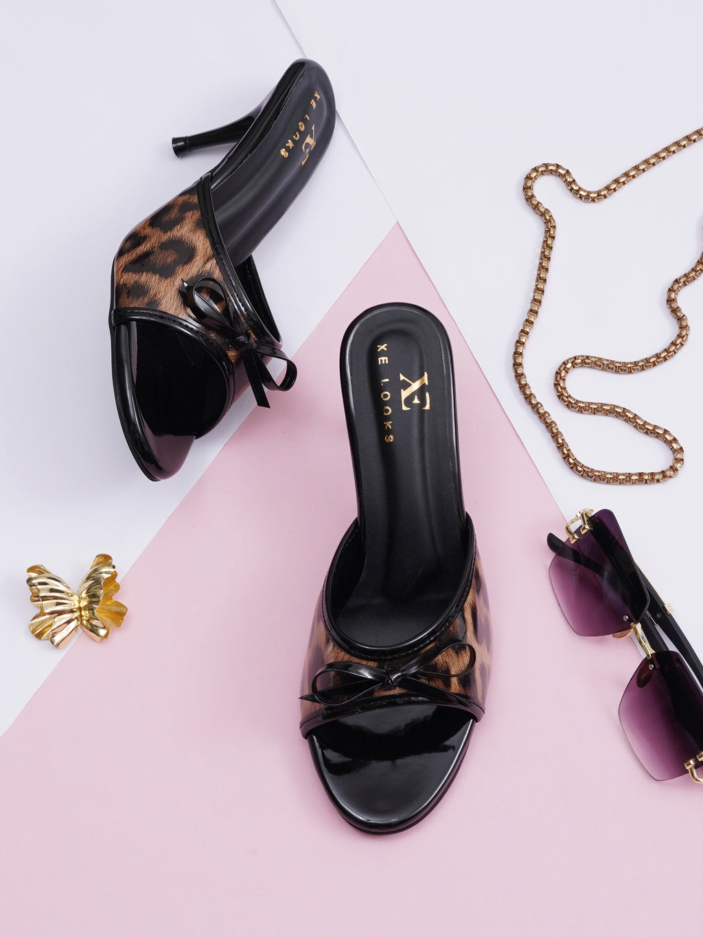 Animal Texture Bow Accent Block Heel Sandals