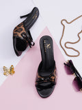 Animal Texture Bow Accent Block Heel Sandals