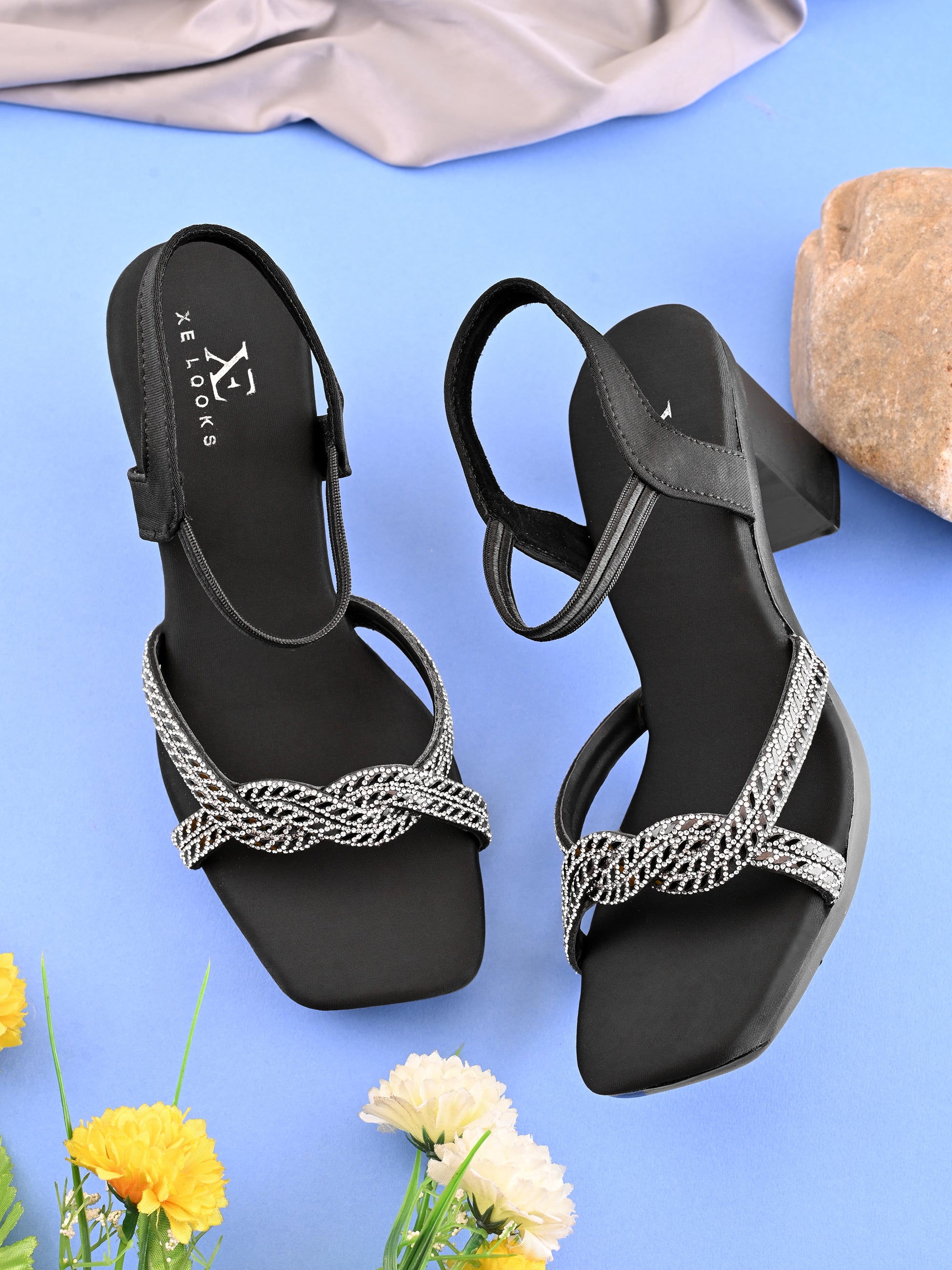 Rhinestone Knot Detail Soft Cushioned Block Heel Sandals