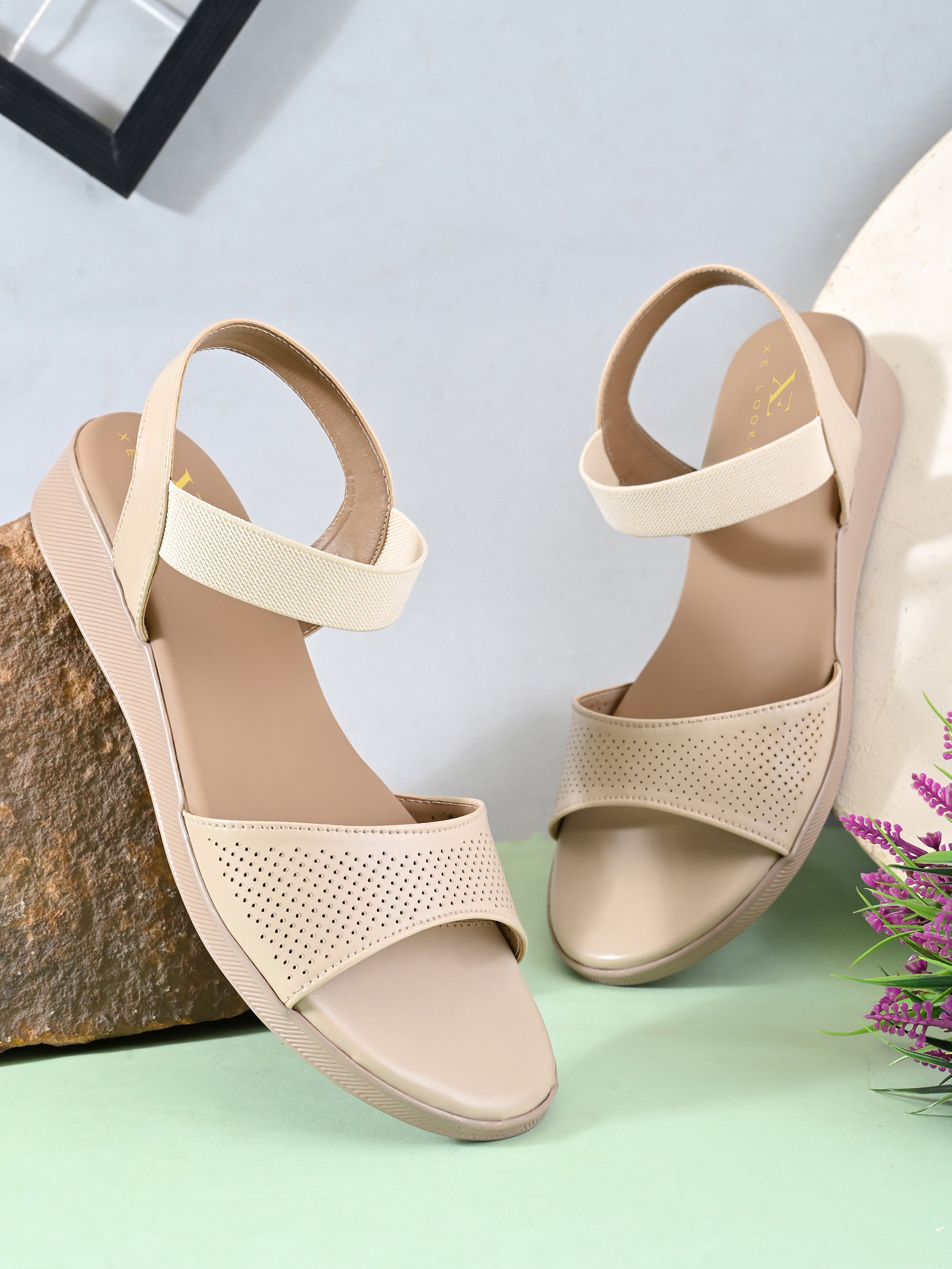 Perforated Strap Cushioned Slingback Flat Sandals