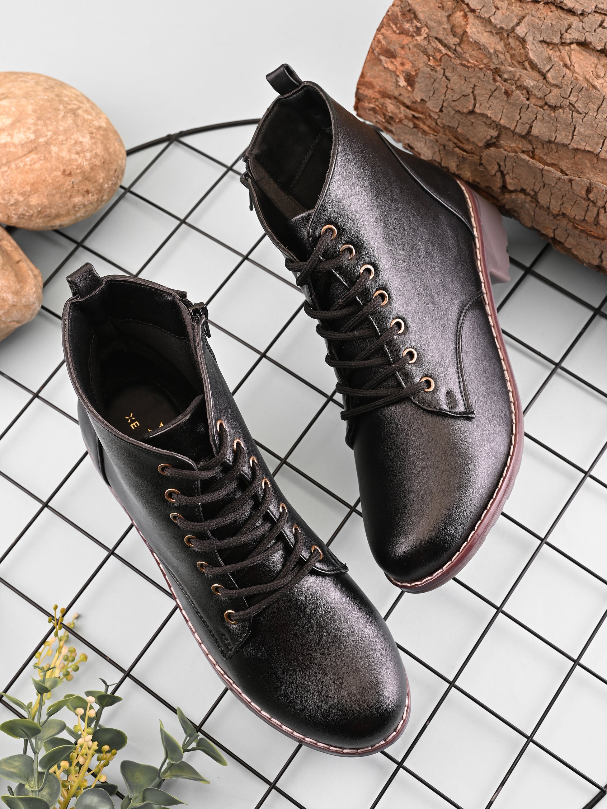 Lace Up Side Zip Cushioned Low Block Heel Ankle Boots