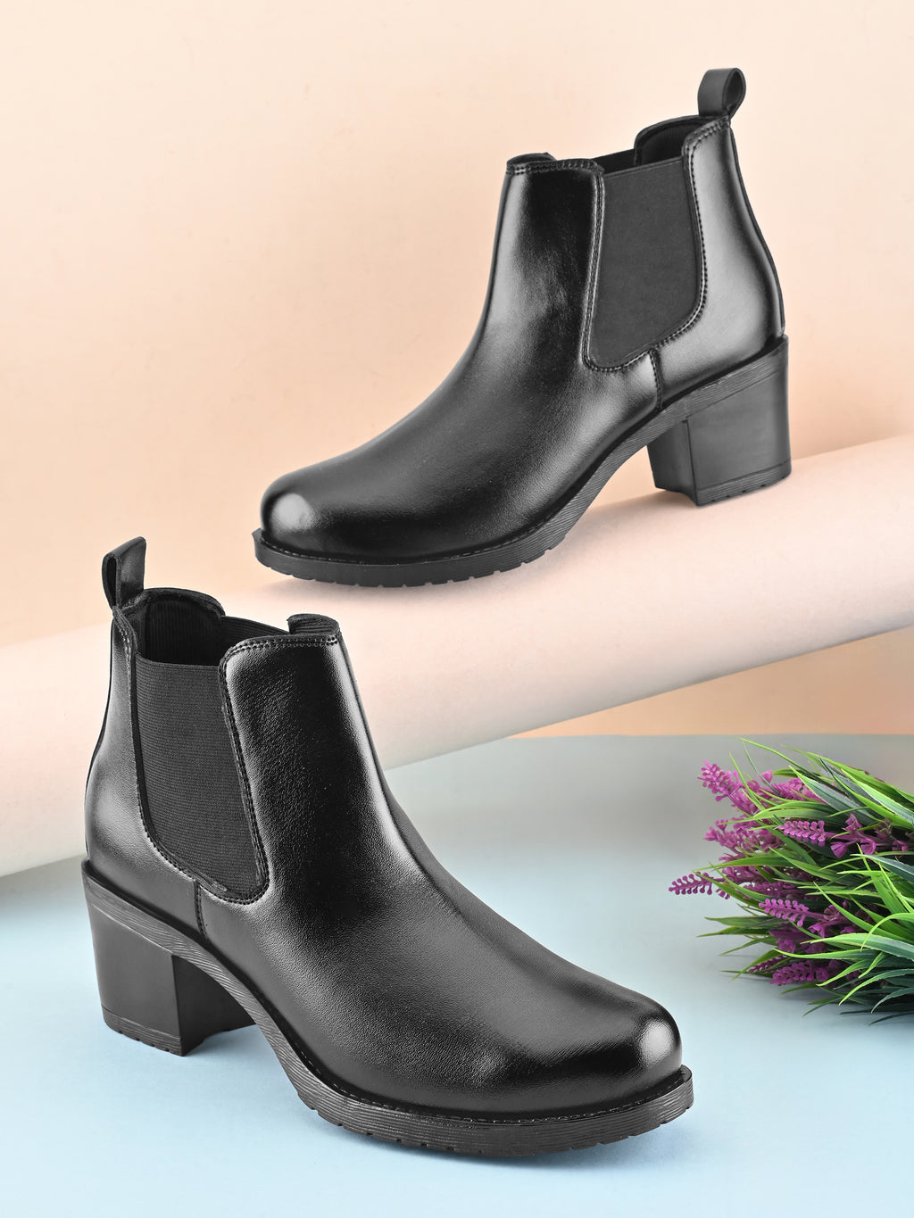 Smooth Finish Elastic Panel Block Heel Chelsea Boots