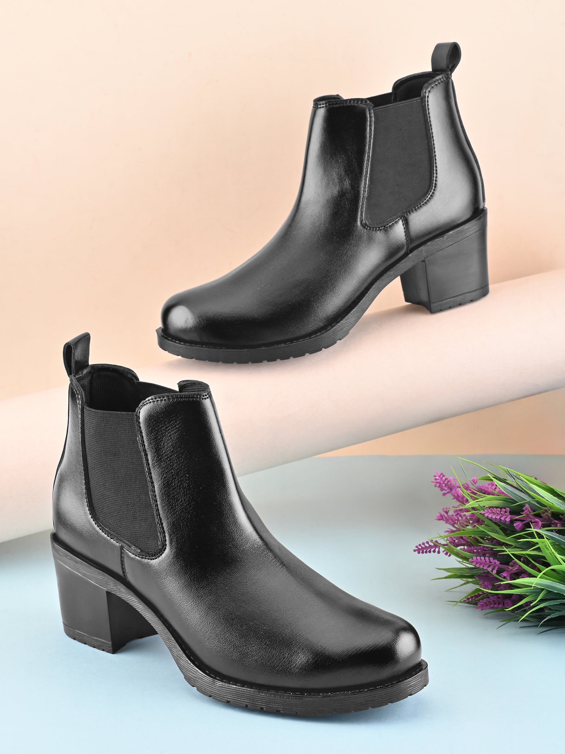 Smooth Finish Elastic Panel Block Heel Chelsea Boots