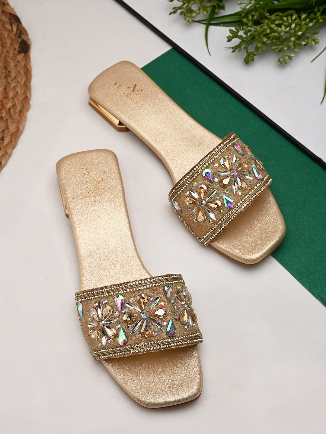 Elegant & Comfortable Floral Stones Embellished Flat Slippers