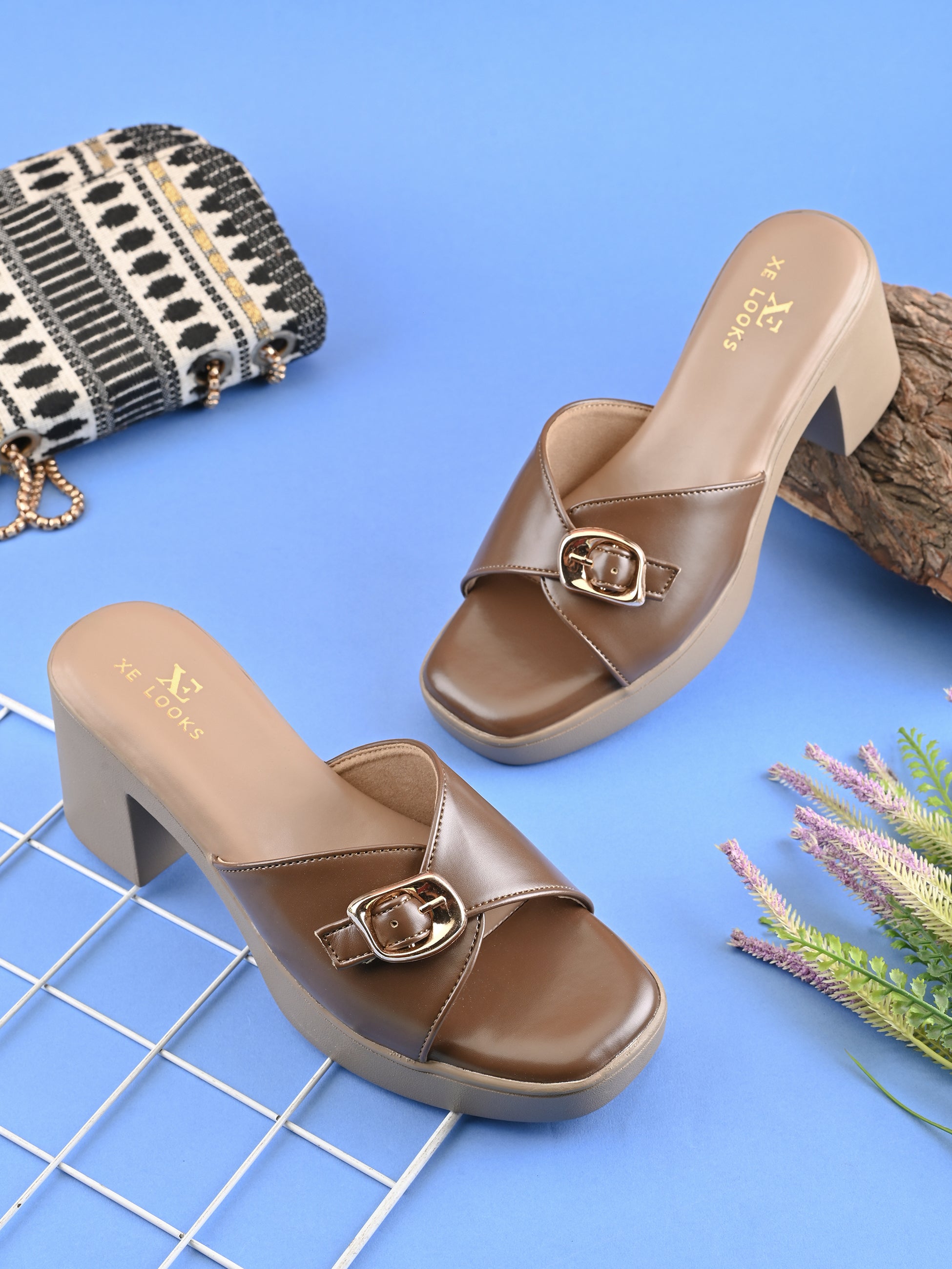 Glossy Buckle Accent Slip-On Block Heel Sandals