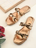 METALLIC DOUBLE BOW SQUARE TOE FLAT SANDALS