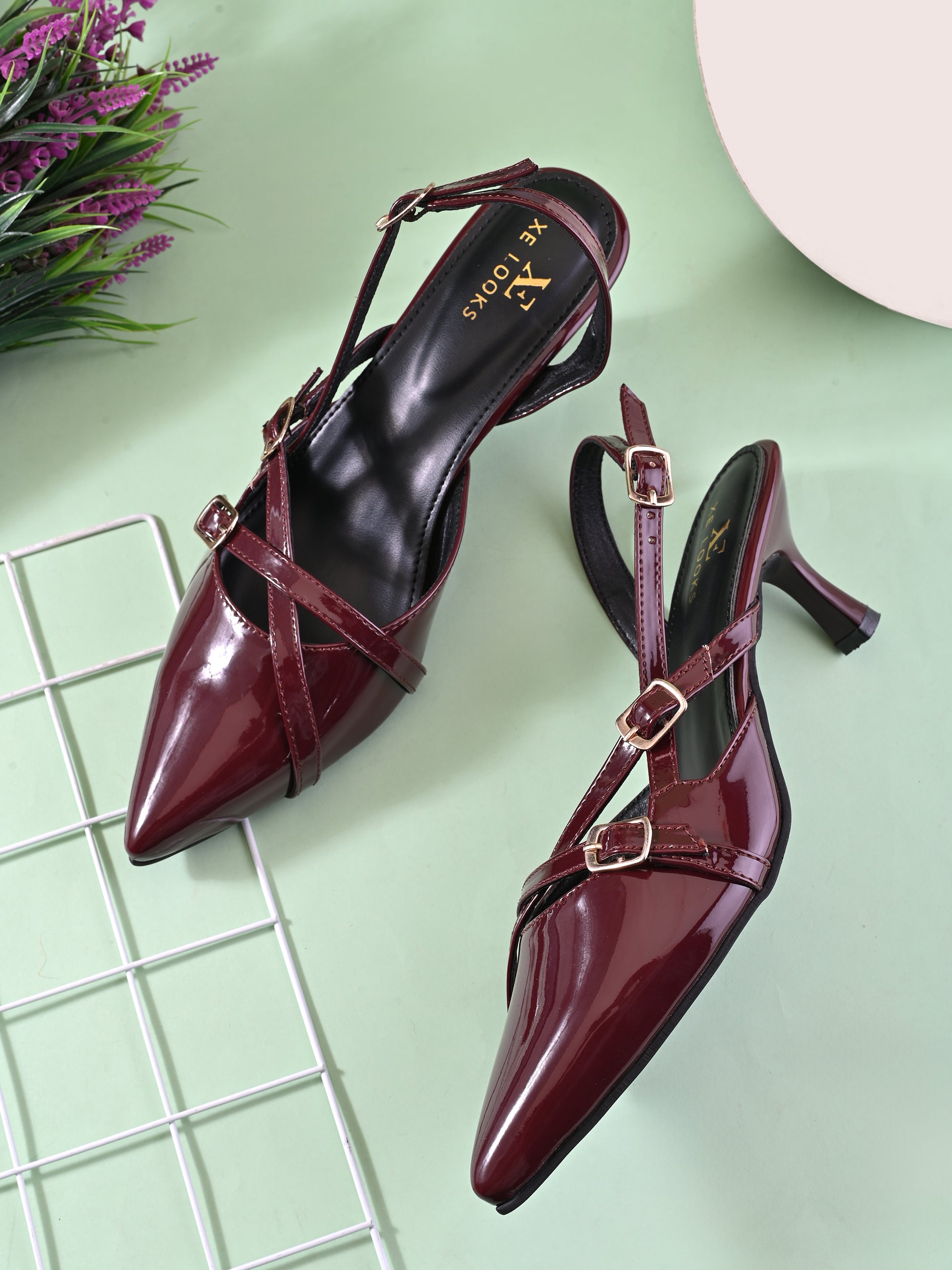 Glossy Patent-Finish Multi Buckle Strap Slingback Pointed Toe Pumps
