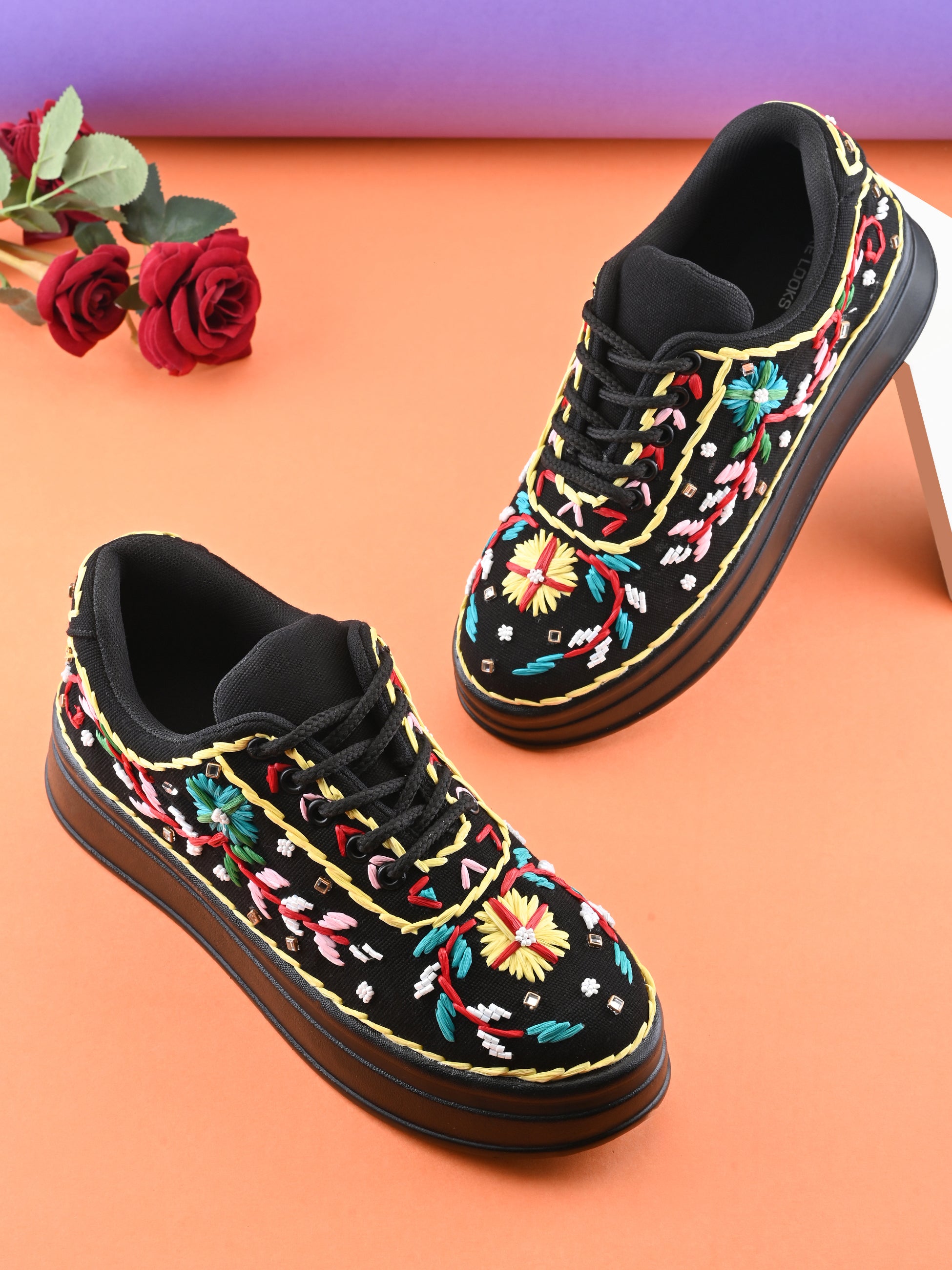 Embroidered Floral Lace-Up Platform Sneakers
