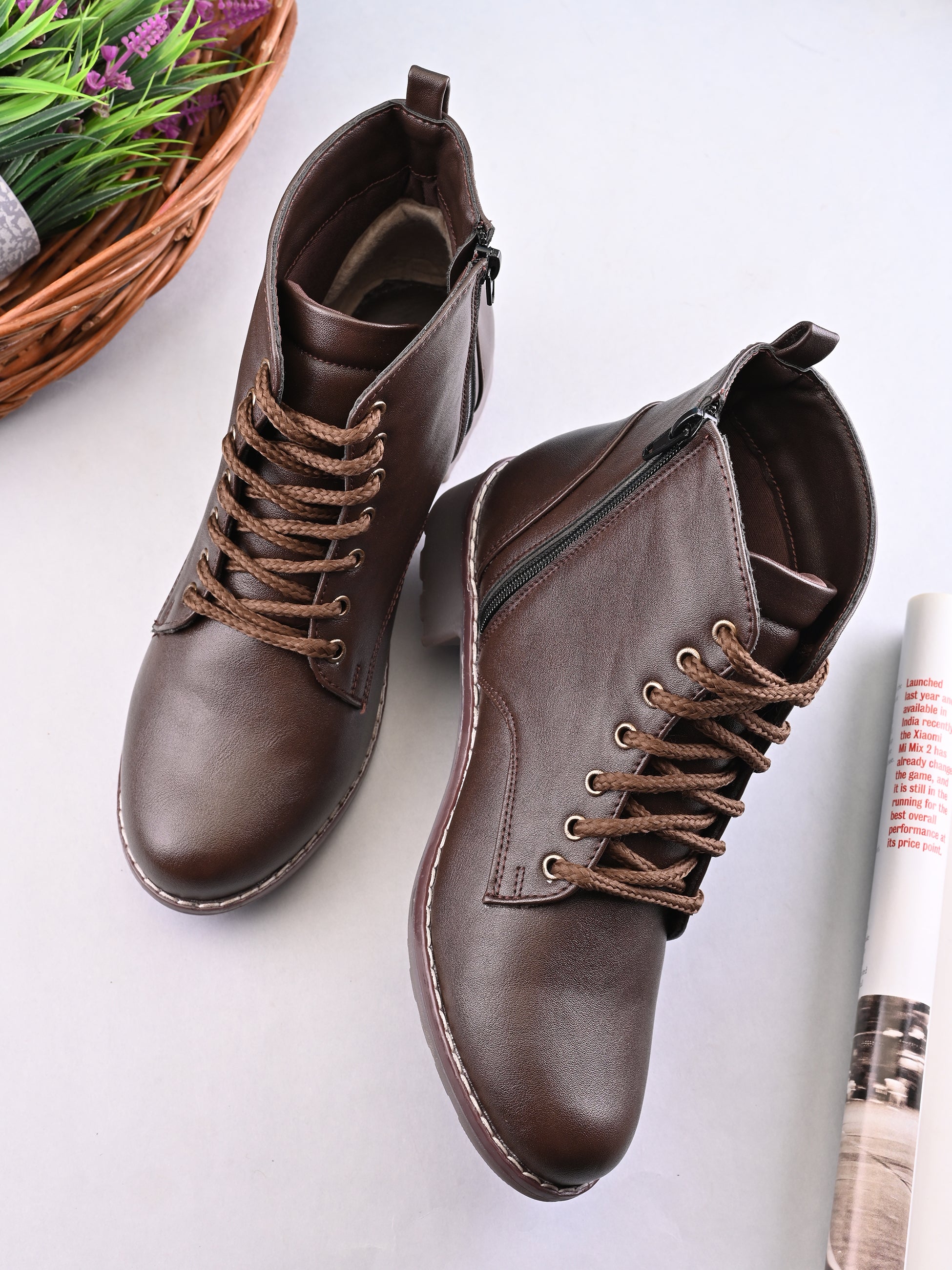 Lace Up Side Zip Cushioned Low Block Heel Ankle Boots