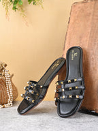 STUDDED MULTI-STRAP OPEN TOE FLAT SANDALS