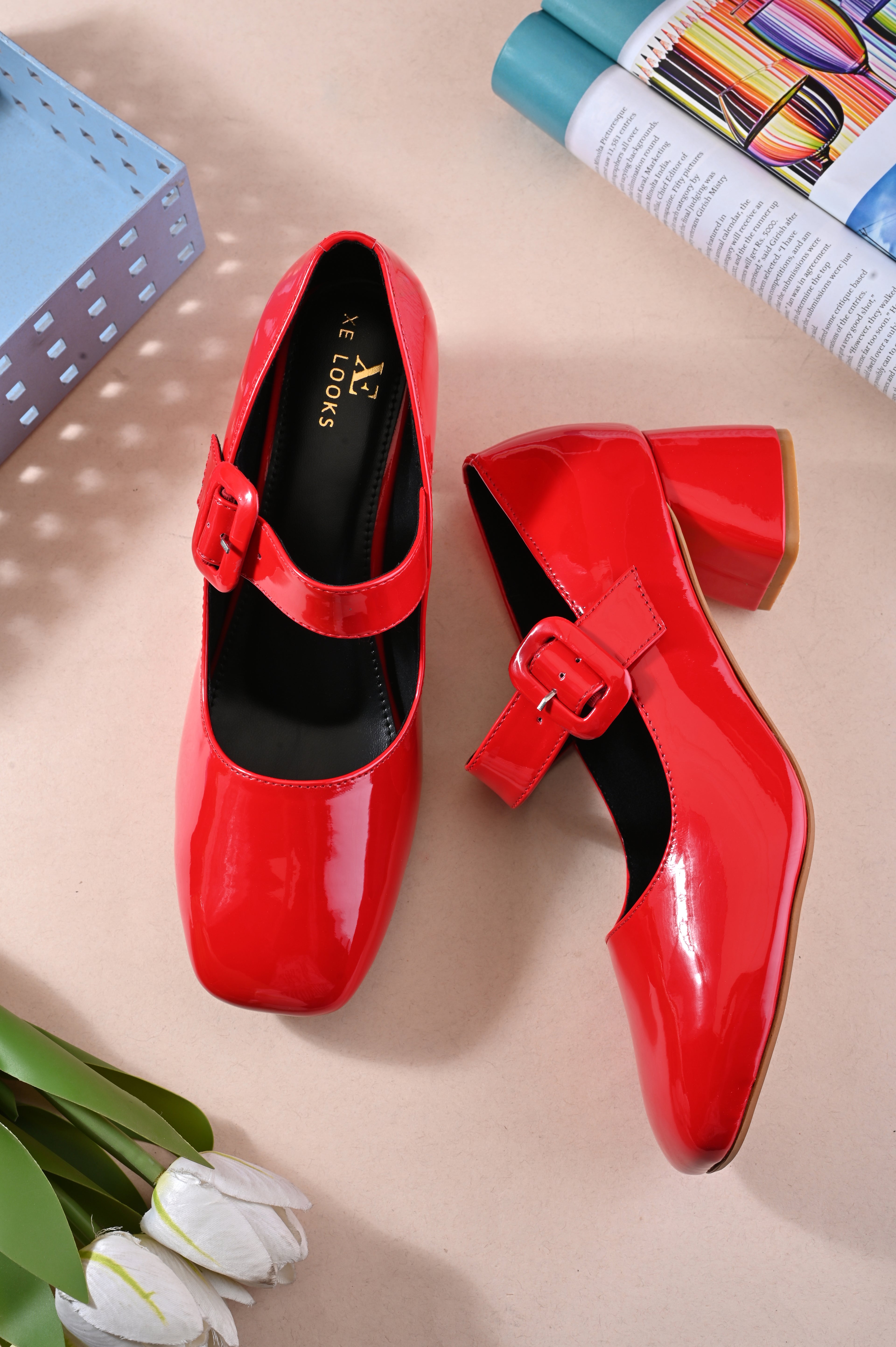 Glossy Patent-Finish Buckle Strap Block Heel Closed Toe Pumps