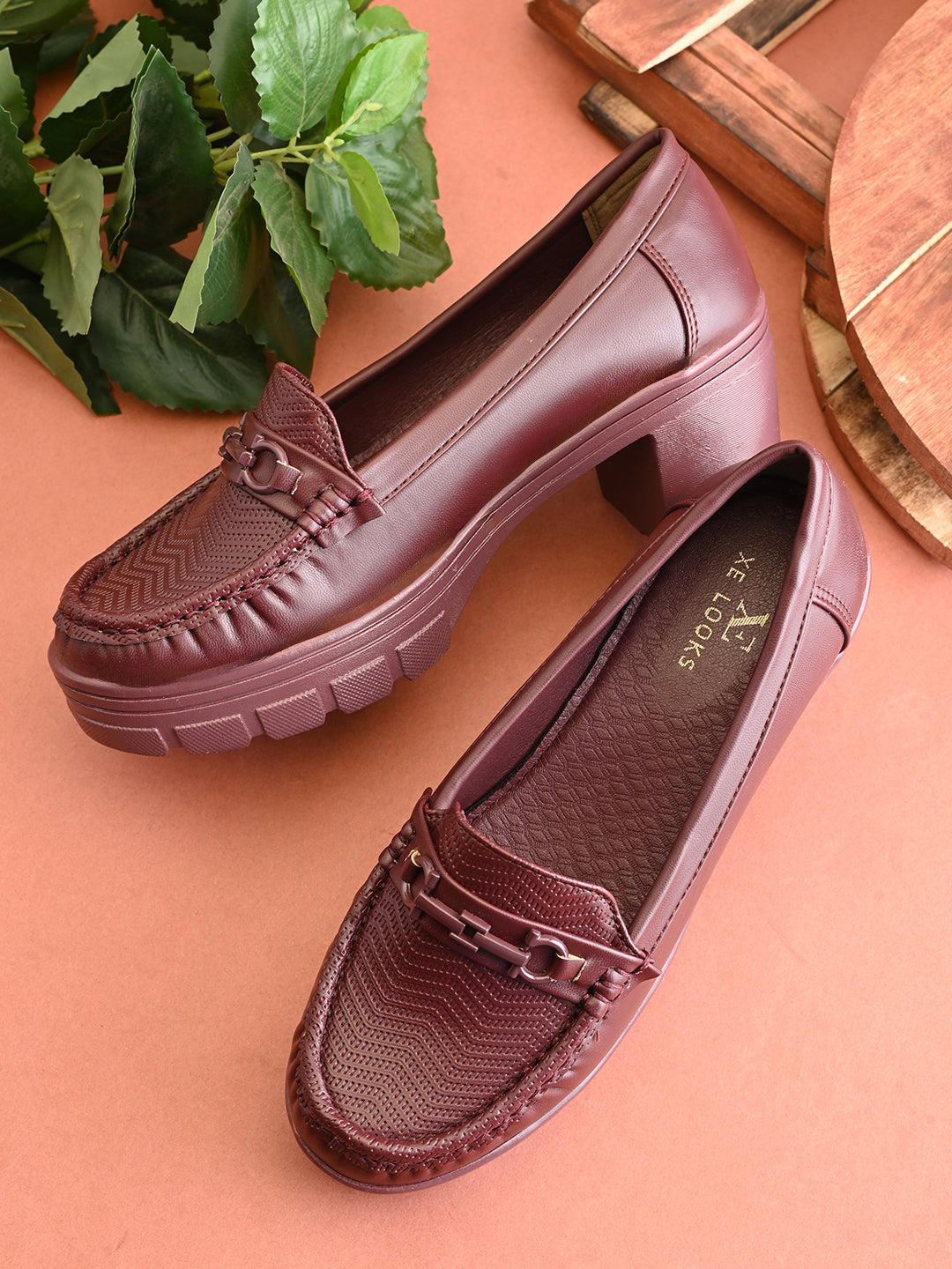 Textured Buckle Accent Chunky Platform Block Heel Loafers