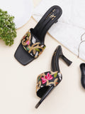 Embroidered Strap Comfort Heel Sandals