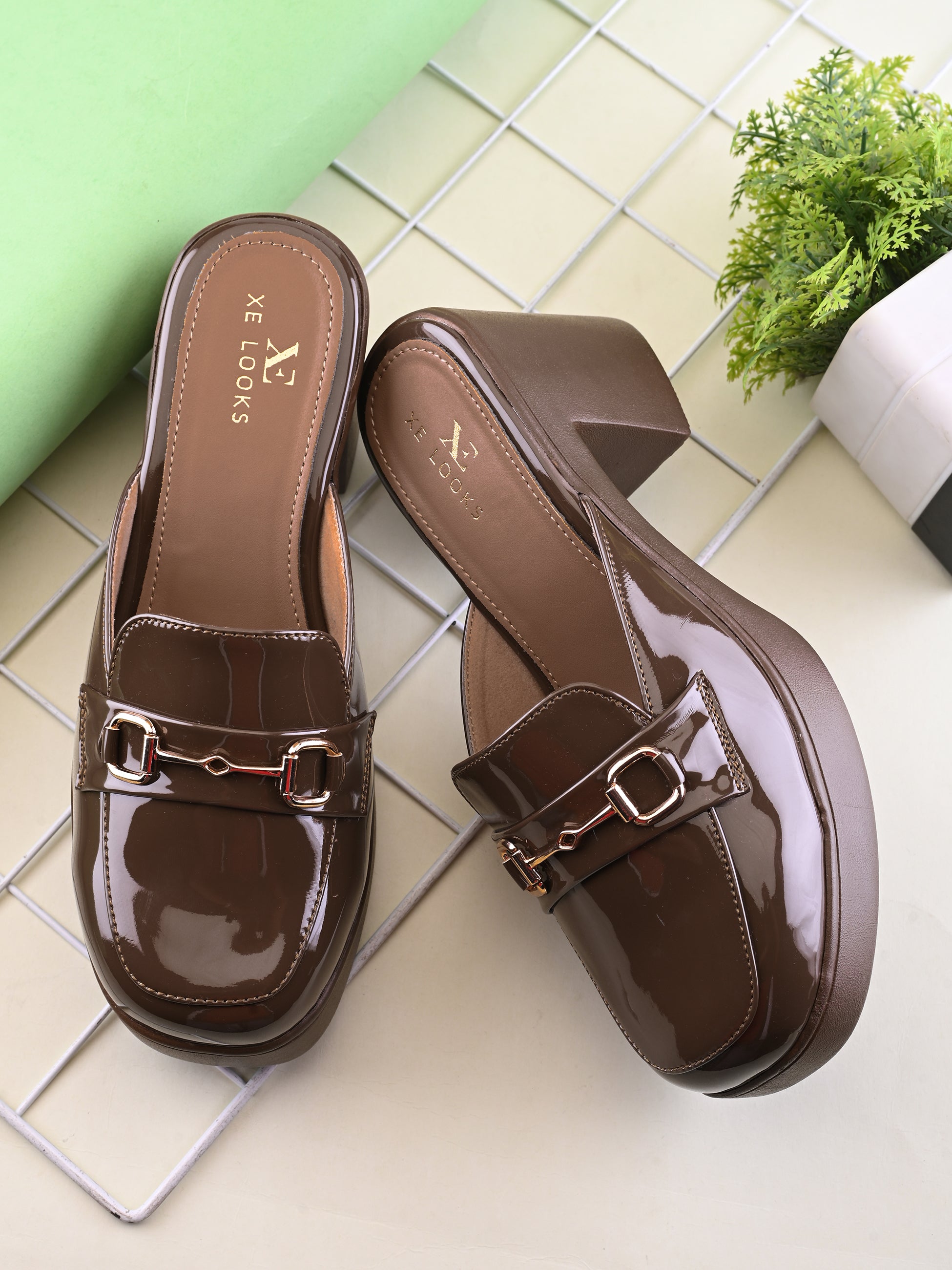 Elegant Patent Mule Loafers with Metal Chain Detail