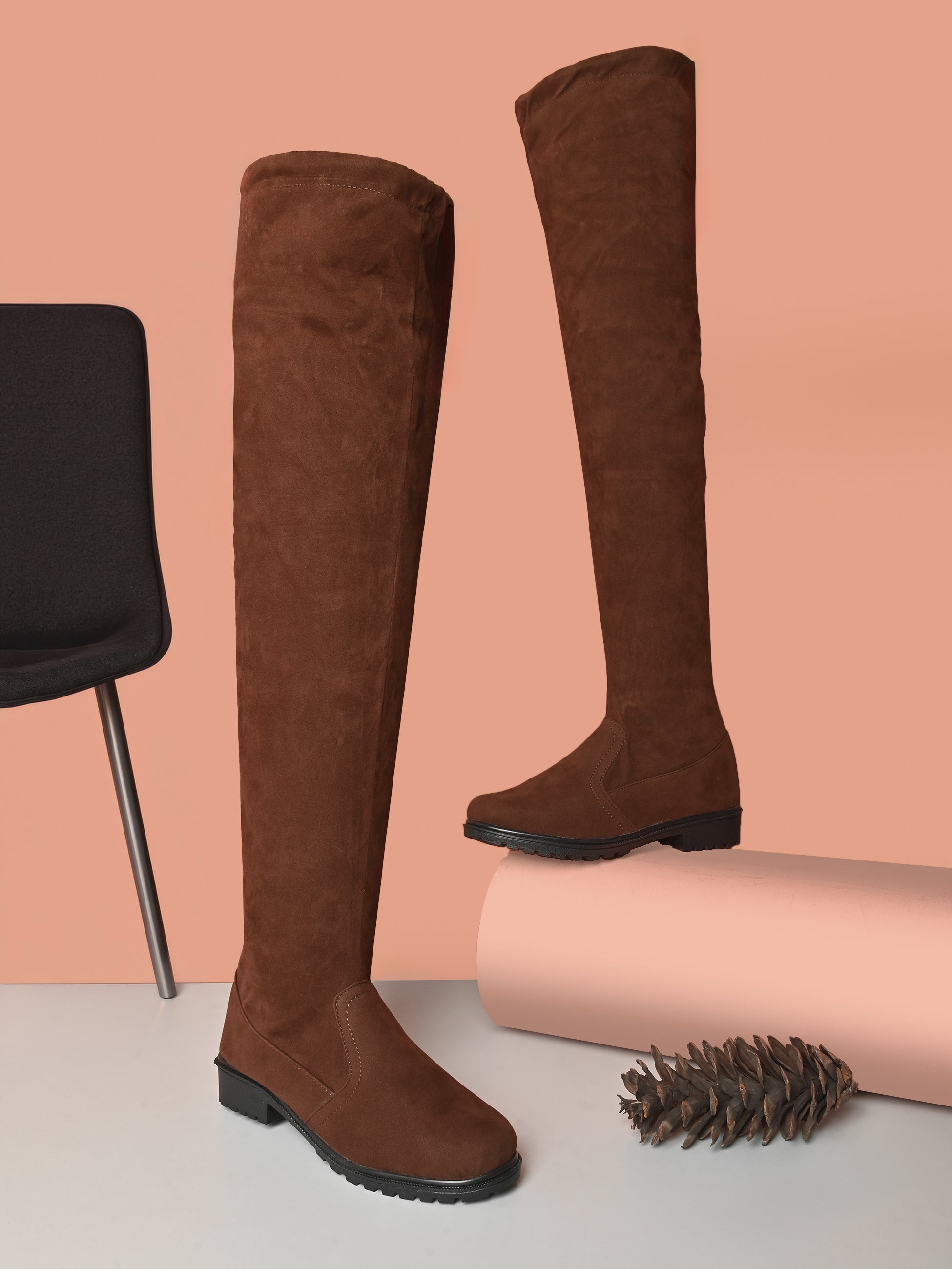 Stretch-Fit Over-the-Knee Low Block Heel Boots
