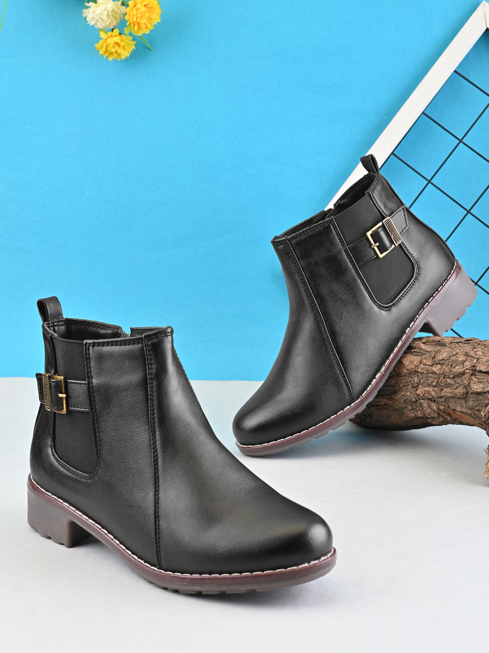 Buckle Accent Side Elastic Low Block Heel Ankle Boots
